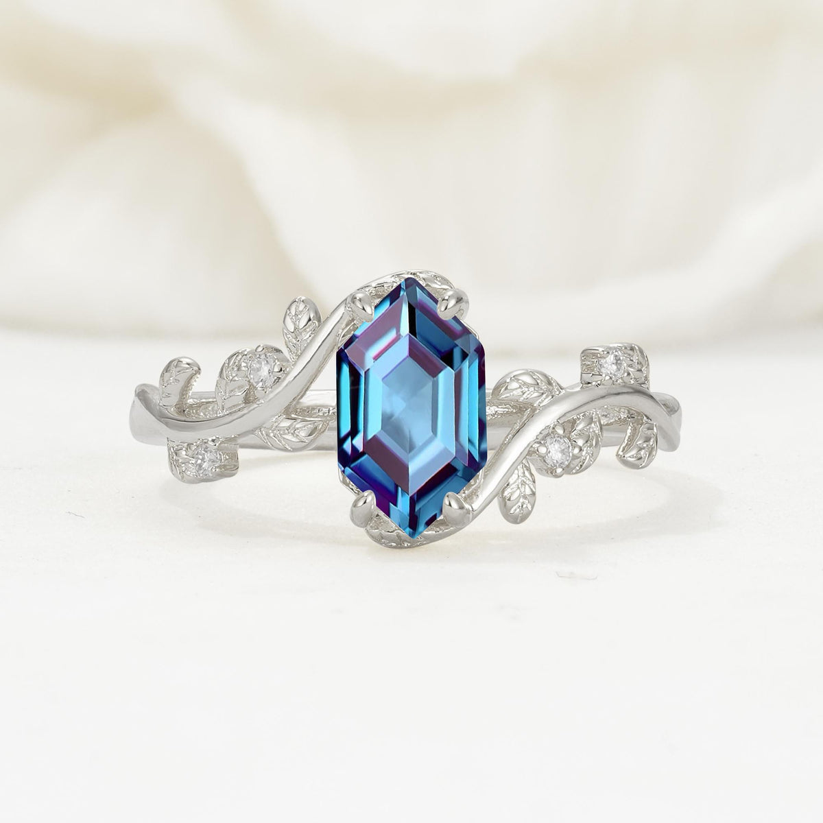Nature-Inspired Hexagon Cut Alexandrite Engagement Ring with Vine Accents - Additional view
