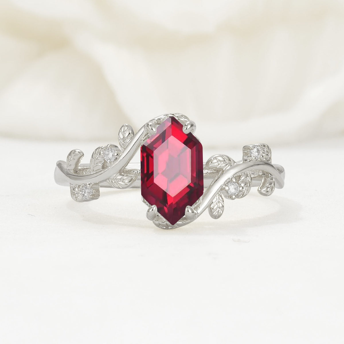 Elongated Hexagon Ruby Leaf Vine Nature-Inspired Engagement Ring - Additional view