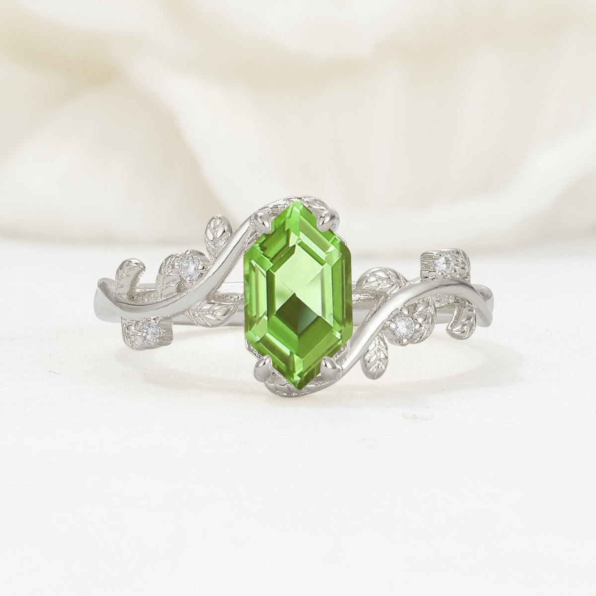 Elongated Hexagon Peridot Leaf Vine Nature-Inspired Engagement Ring - Additional view