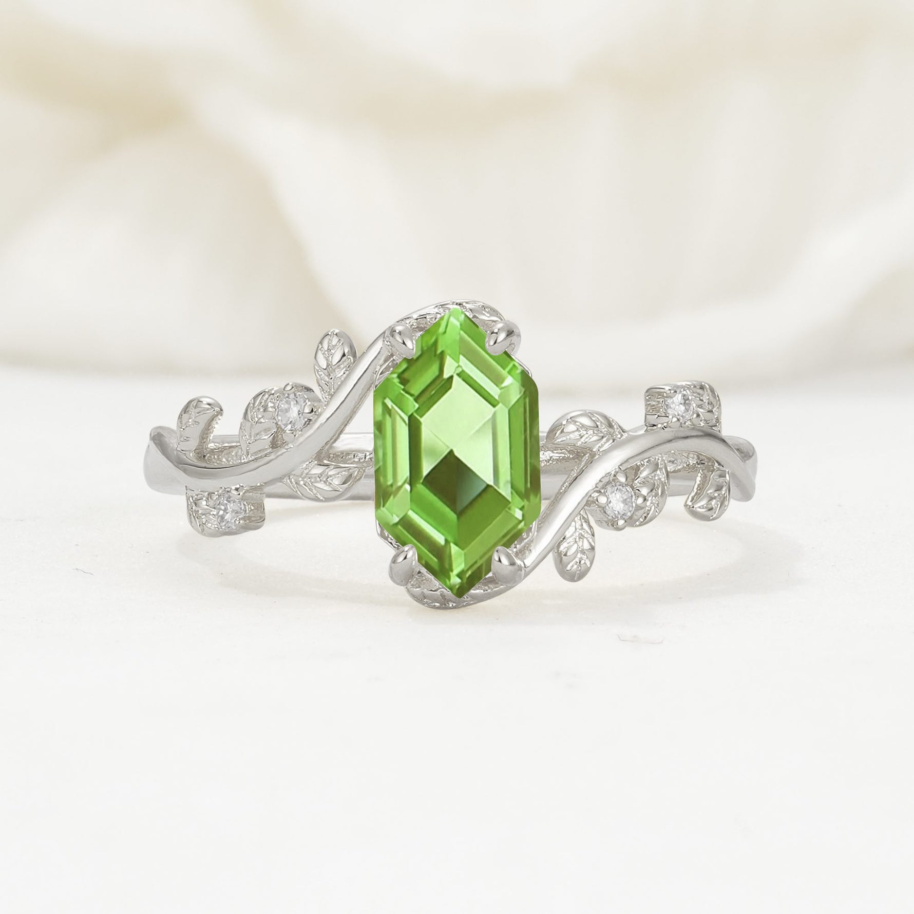 Elongated Hexagon Peridot Leaf Vine Nature-Inspired Engagement Ring - Additional view