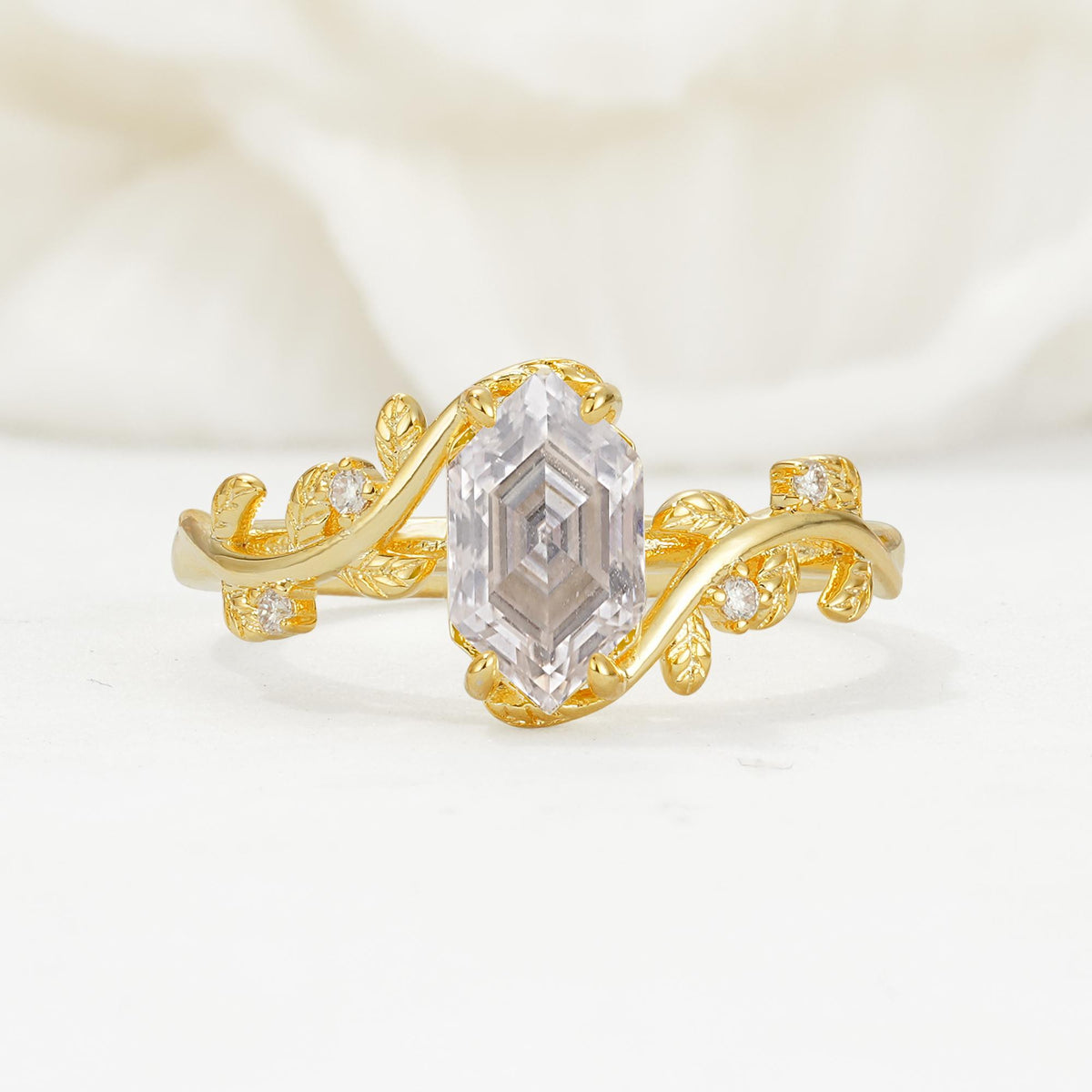 Nature-Inspired Hexagon Cut Moissanite Engagement Ring with Vine Accents - Additional view