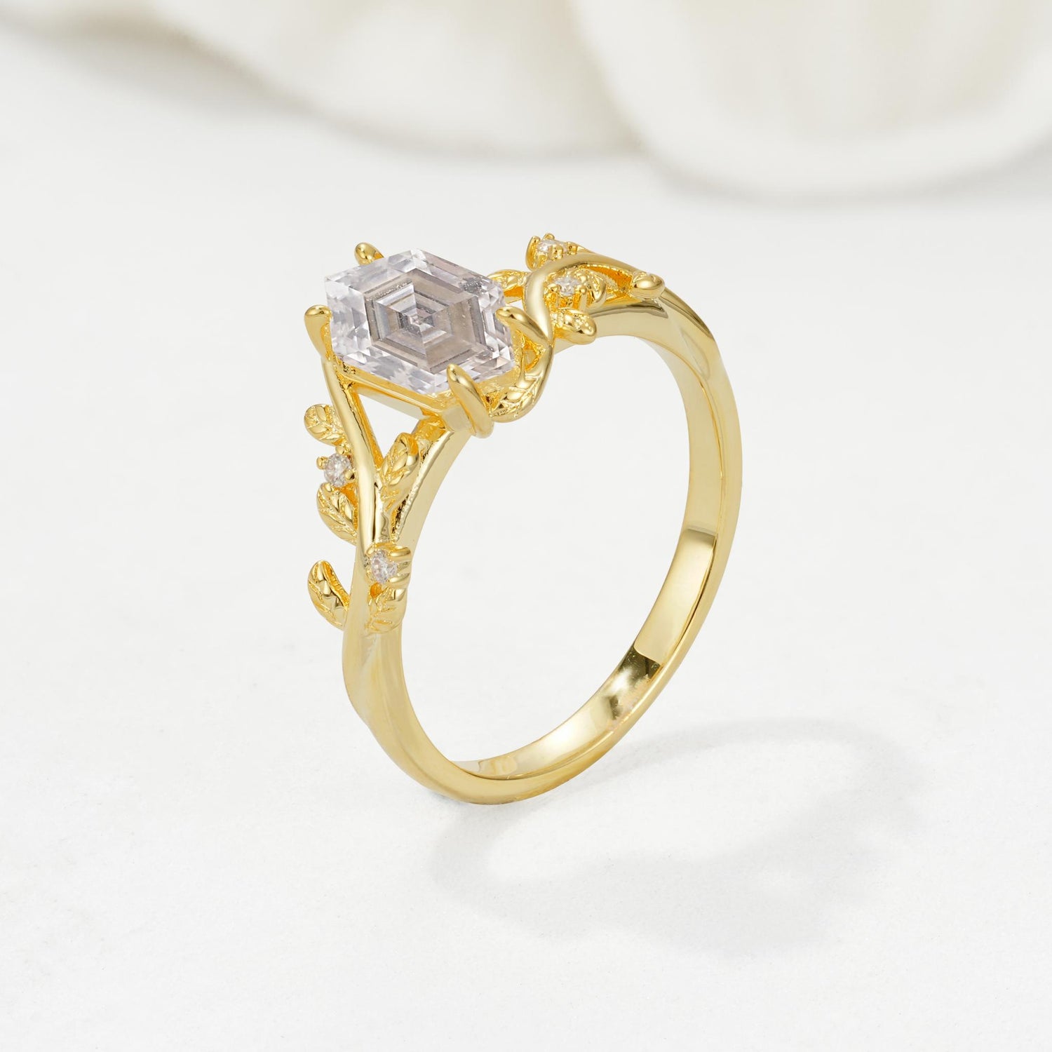 Nature-Inspired Hexagon Cut Moissanite Engagement Ring with Vine Accents - Additional view