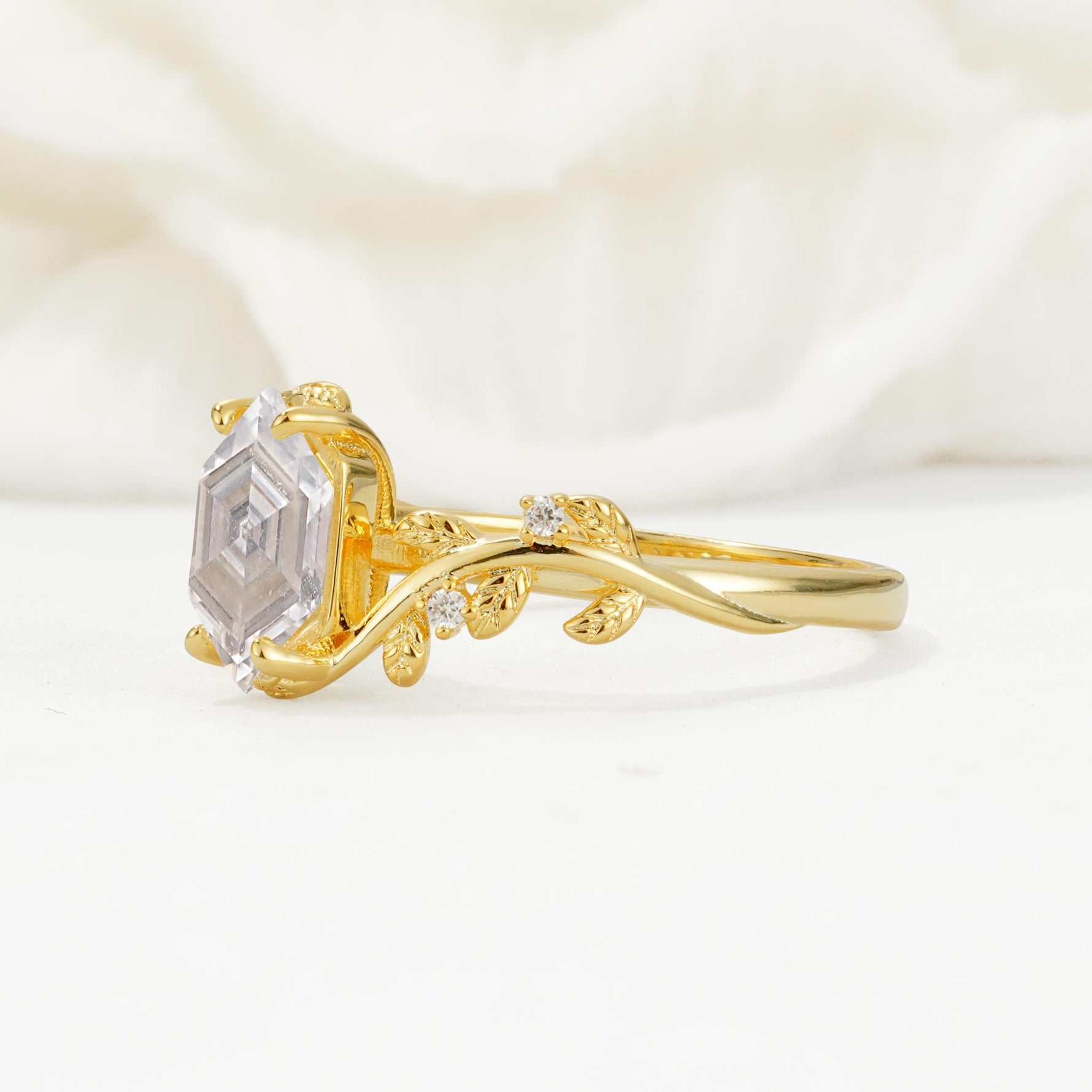 Nature-Inspired Hexagon Cut Moissanite Engagement Ring with Vine Accents - Additional view