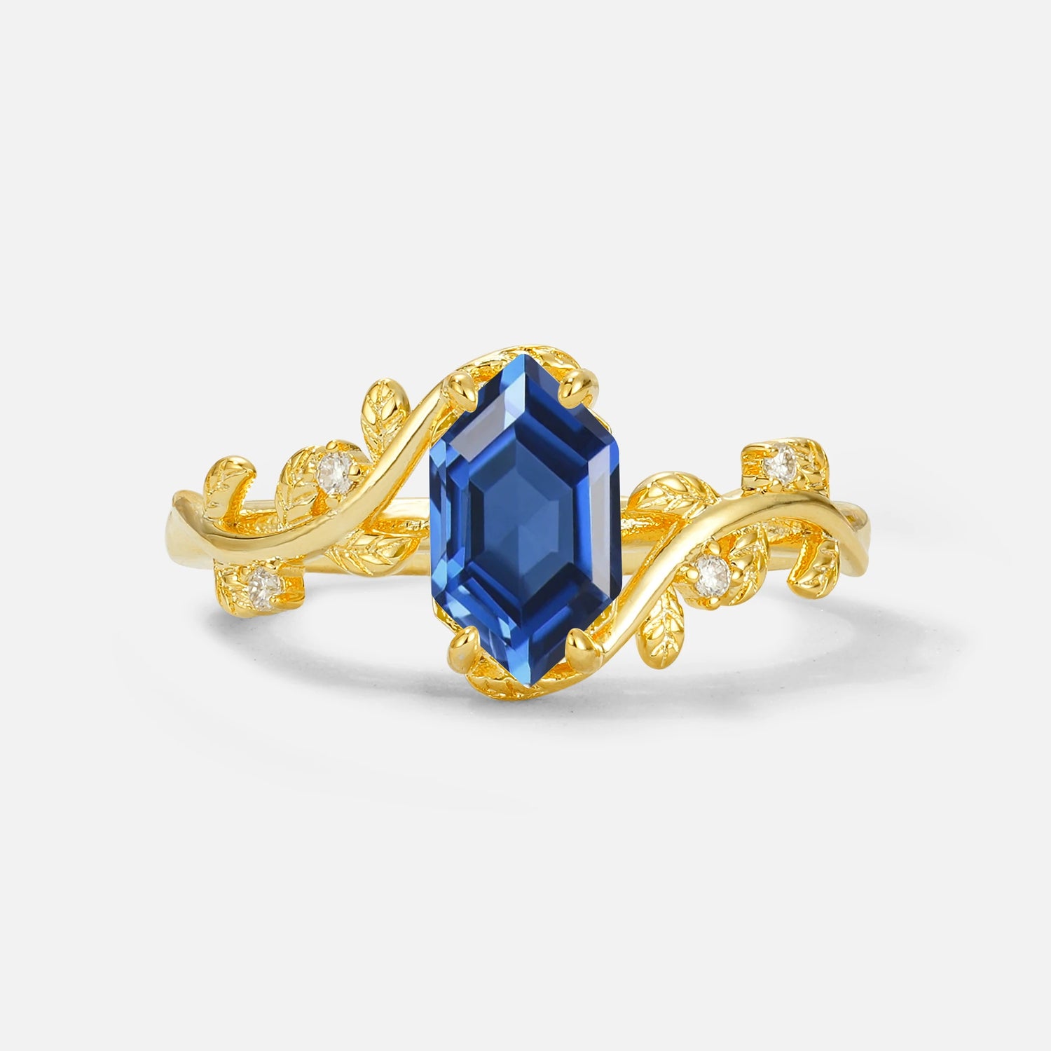 Elongated Hexagon Sapphire Leaf Vine Nature-Inspired Engagement Ring - Additional view