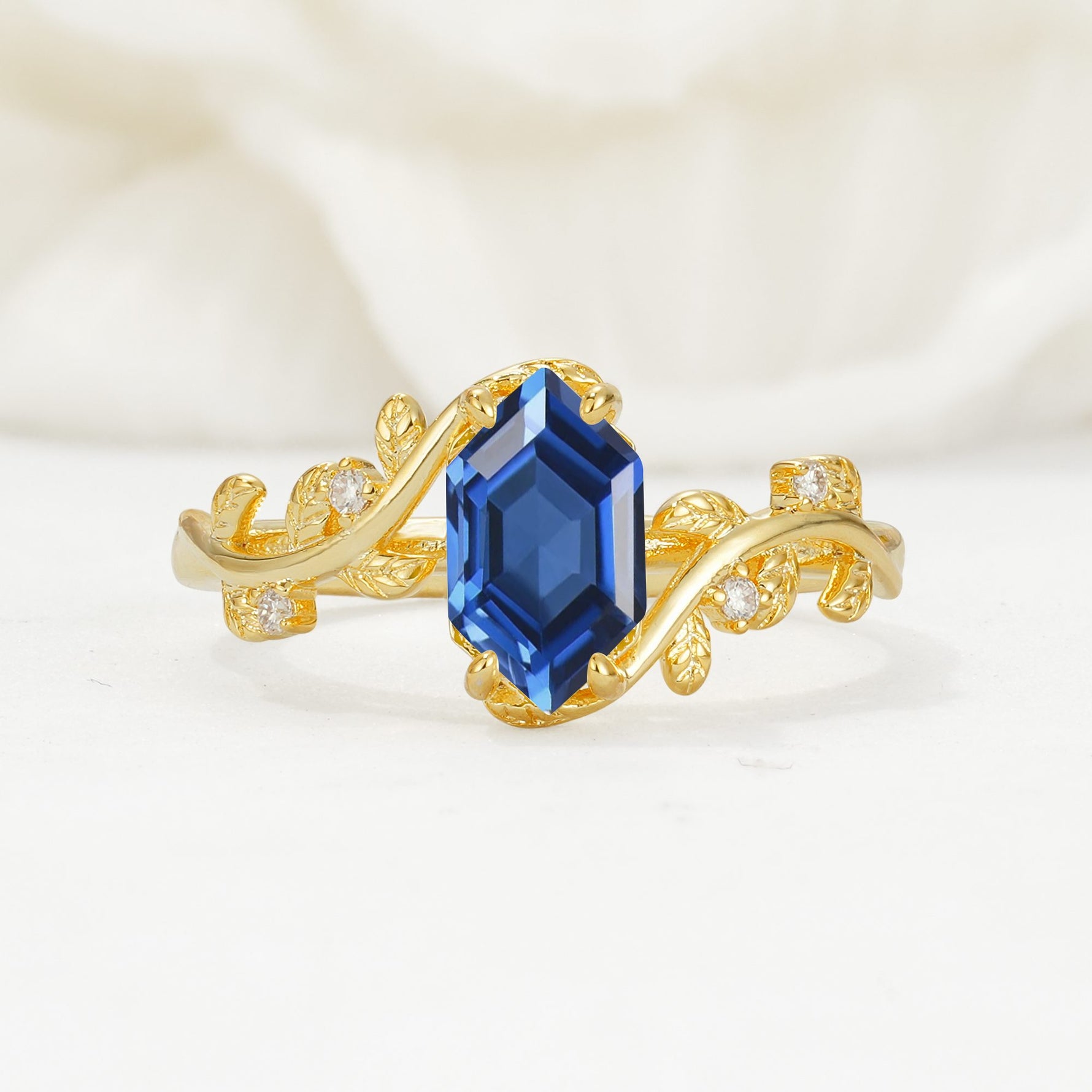 Elongated Hexagon Sapphire Leaf Vine Nature-Inspired Engagement Ring - Additional view