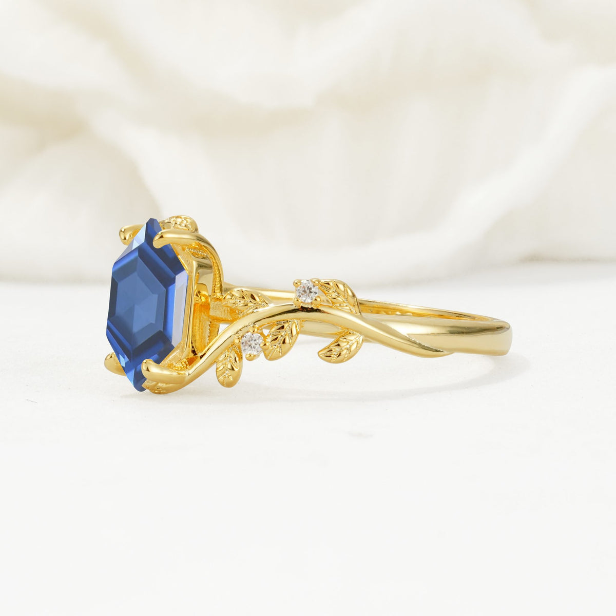 Elongated Hexagon Sapphire Leaf Vine Nature-Inspired Engagement Ring - Additional view