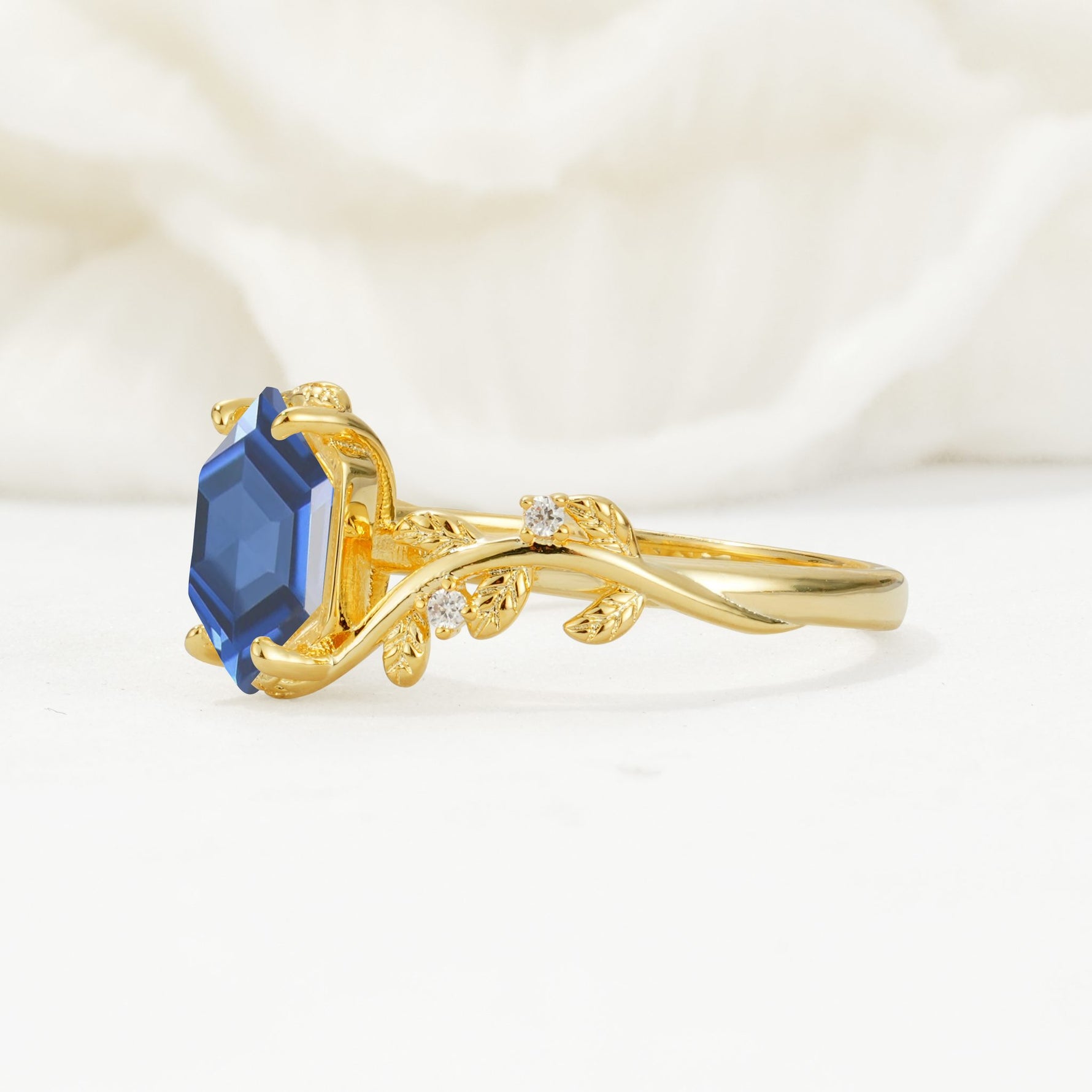 Elongated Hexagon Sapphire Leaf Vine Nature-Inspired Engagement Ring - Additional view