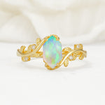 Elongated Hexagon Fire Opal Leaf Vine Nature-Inspired Engagement Ring - Additional view