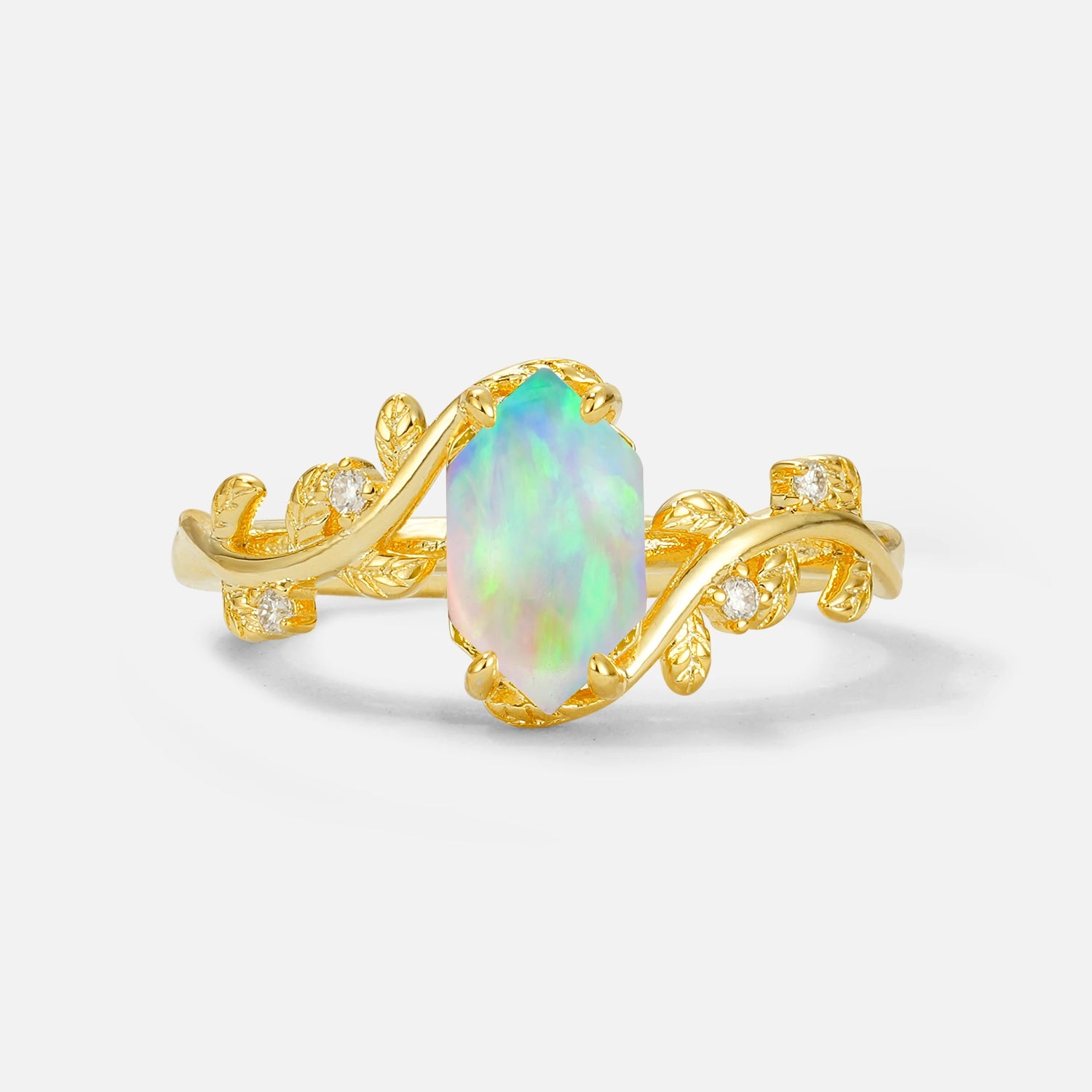 Elongated Hexagon Fire Opal Leaf Vine Nature-Inspired Engagement Ring - Additional view