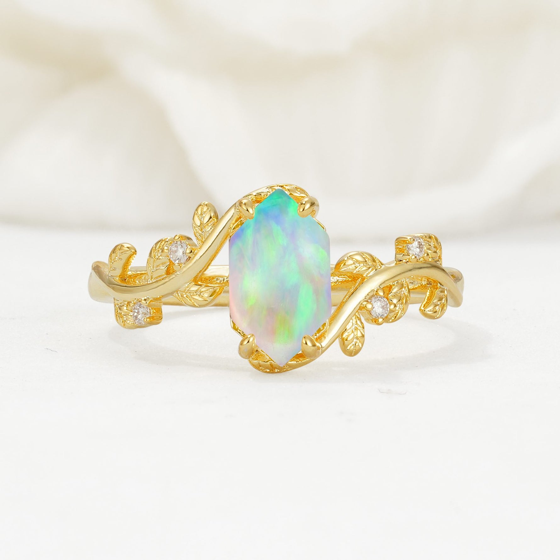 Elongated Hexagon Fire Opal Leaf Vine Nature-Inspired Engagement Ring - Additional view