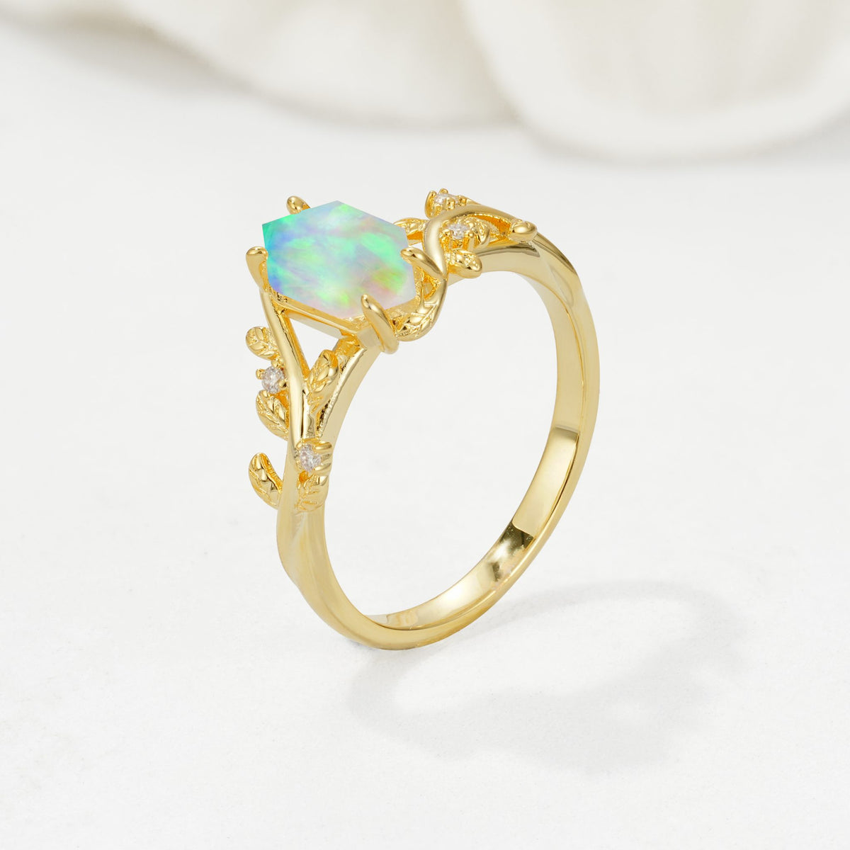 Elongated Hexagon Fire Opal Leaf Vine Nature-Inspired Engagement Ring - Additional view