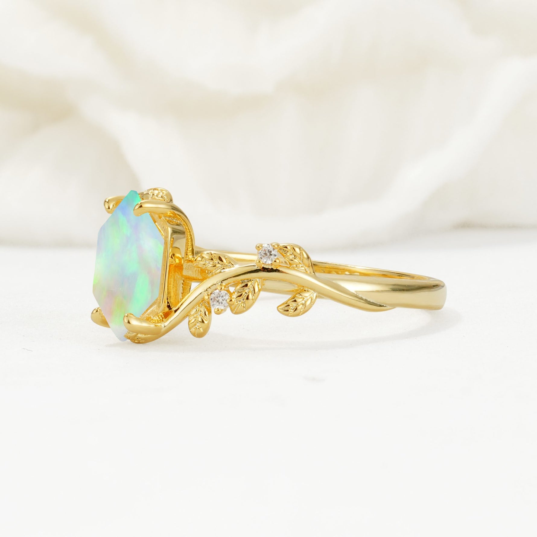 Elongated Hexagon Fire Opal Leaf Vine Nature-Inspired Engagement Ring - Additional view