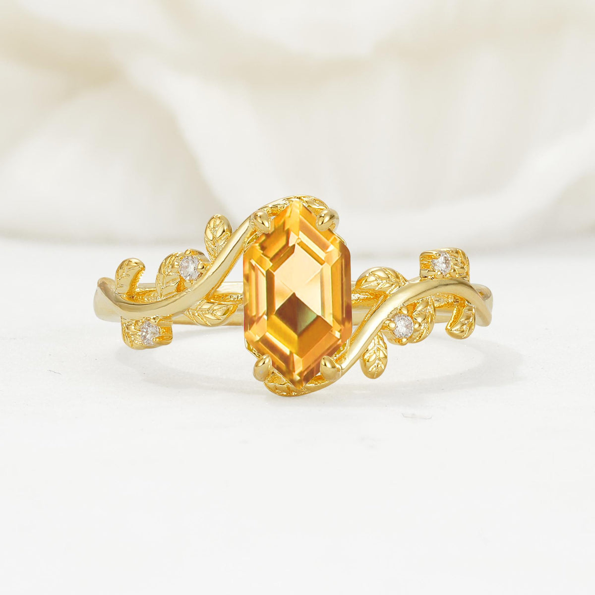 Nature-Inspired Hexagon Cut Citrine Engagement Ring with Vine Accents - Additional view