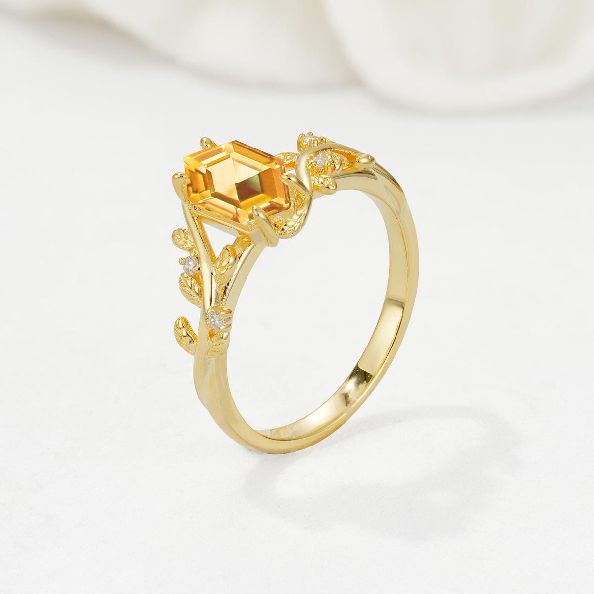 Nature-Inspired Hexagon Cut Citrine Engagement Ring with Vine Accents - Additional view