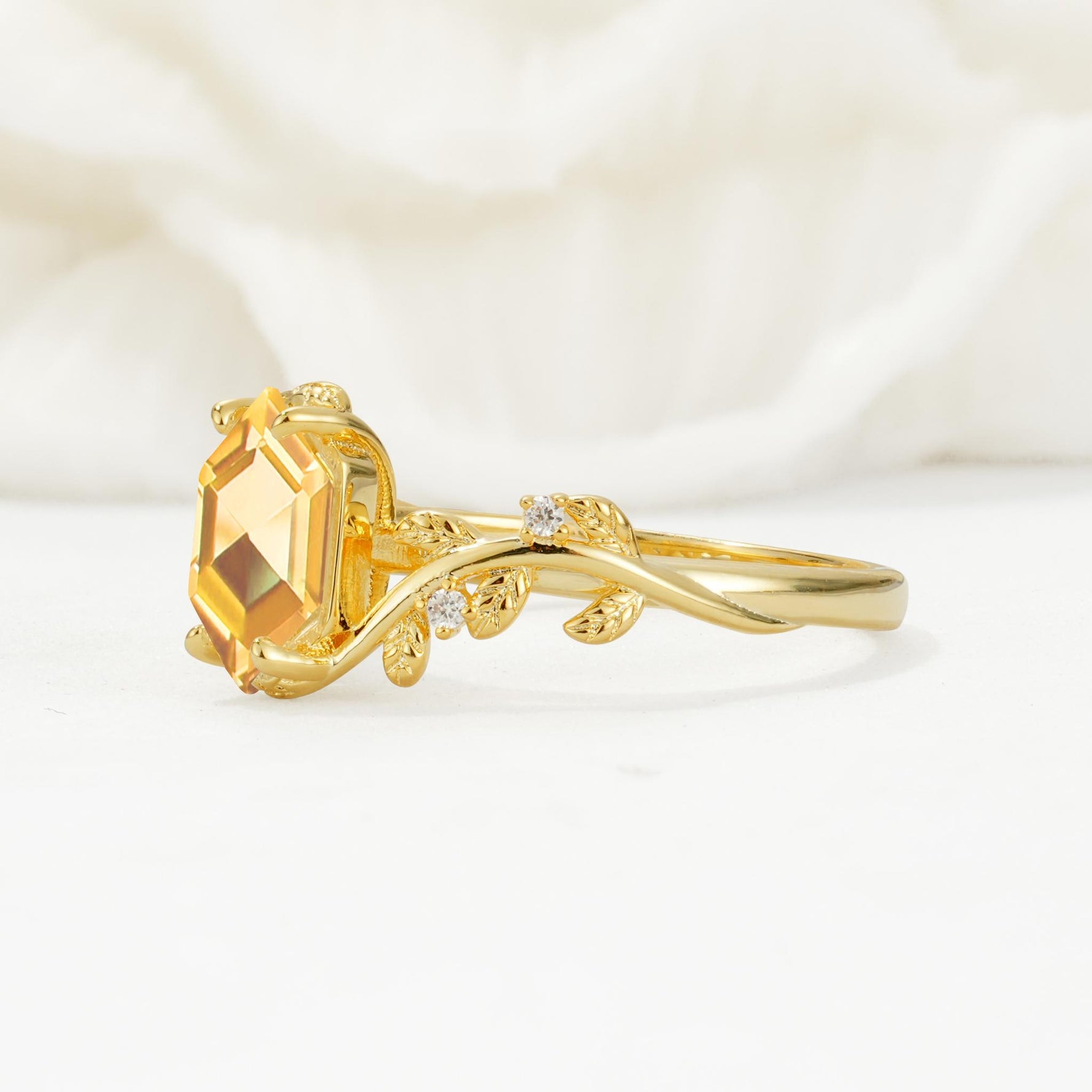 Nature-Inspired Hexagon Cut Citrine Engagement Ring with Vine Accents - Additional view