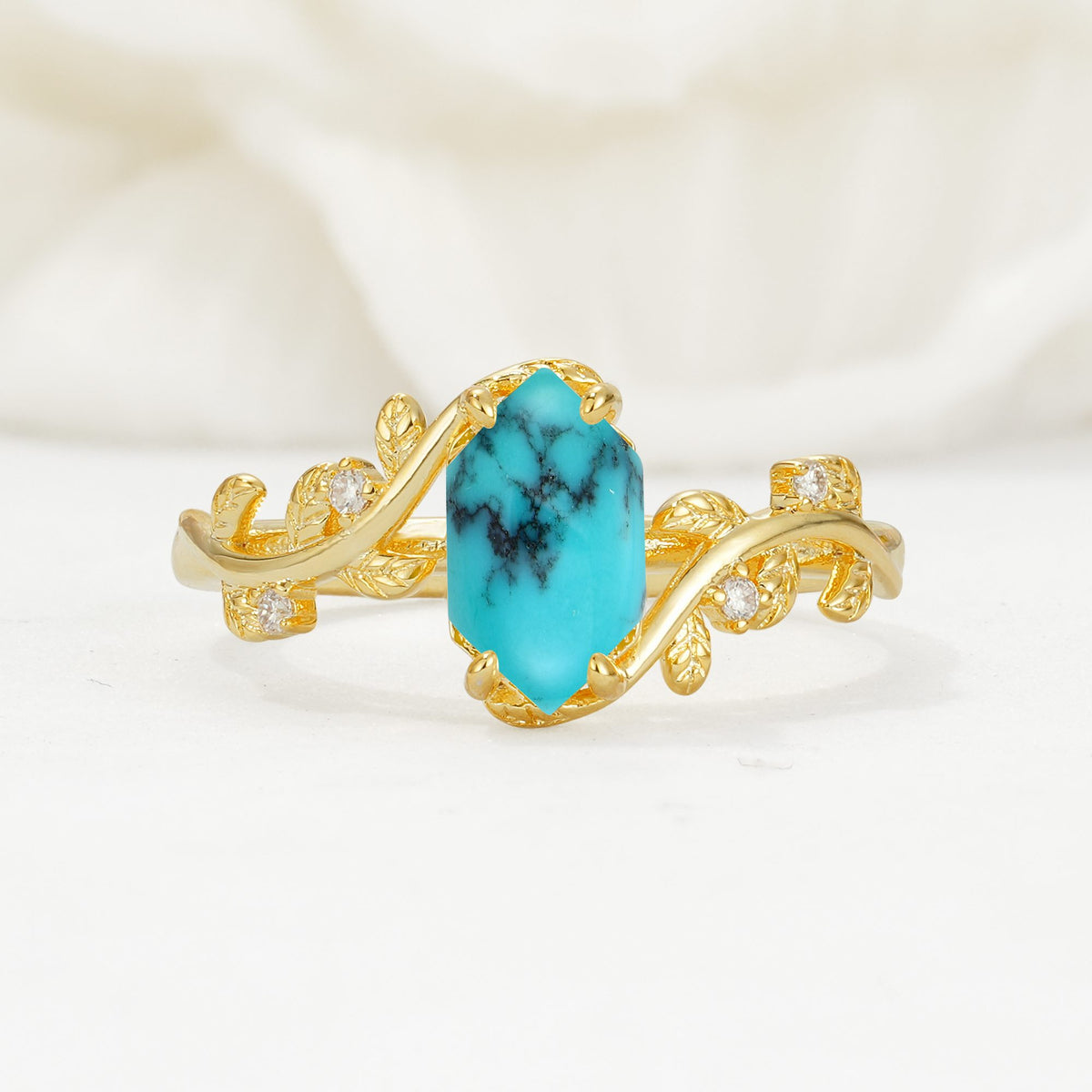 Elongated Hexagon Turquoise Leaf Vine Nature-Inspired Engagement Ring - Additional view