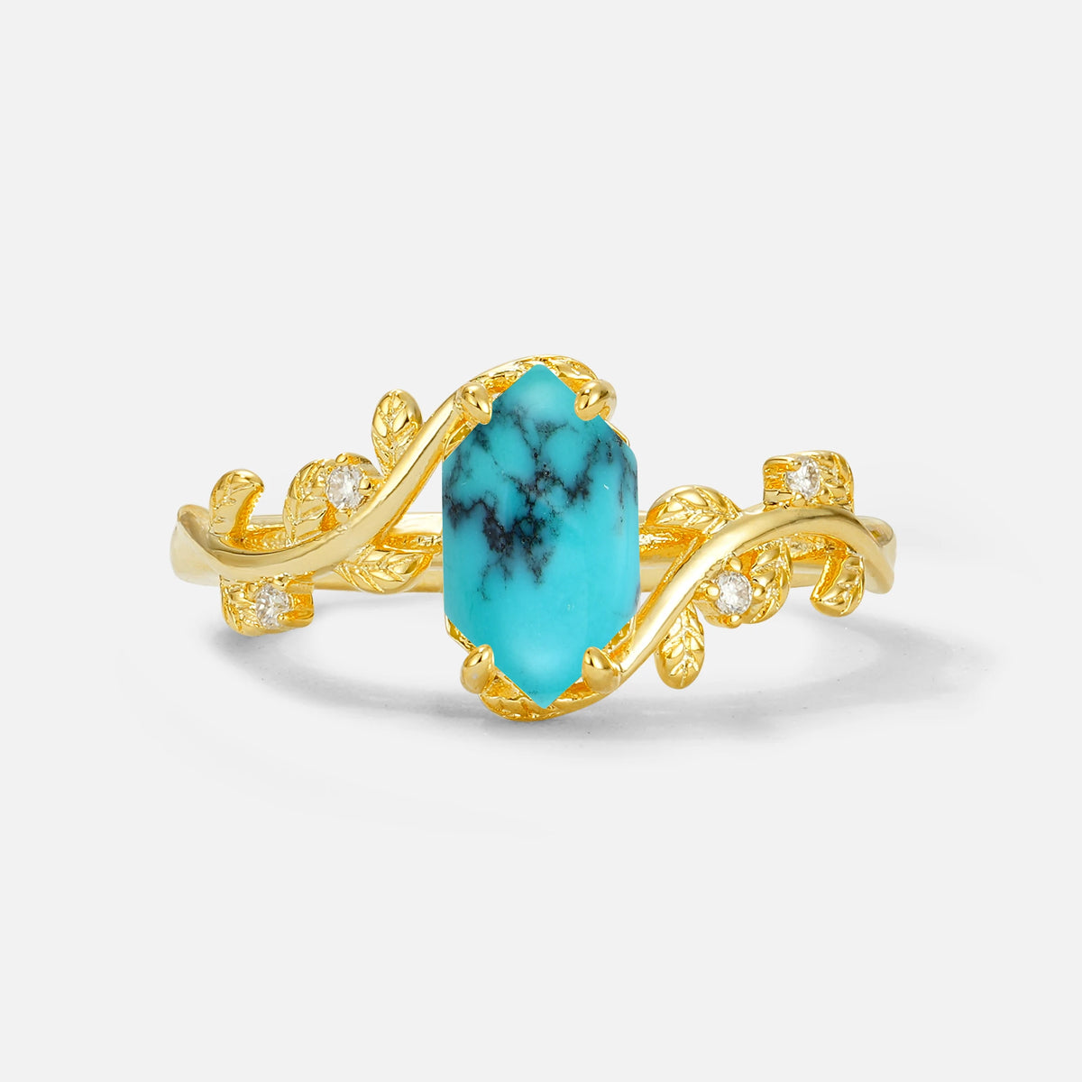 Elongated Hexagon Turquoise Leaf Vine Nature-Inspired Engagement Ring - Additional view