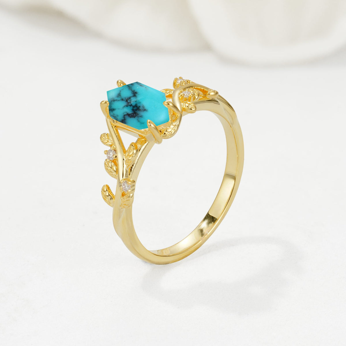 Elongated Hexagon Turquoise Leaf Vine Nature-Inspired Engagement Ring - Additional view