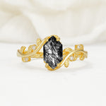 Elongated Hexagon Black Rutilated Quartz Leaf Vine Nature-Inspired Engagement Ring - Additional view