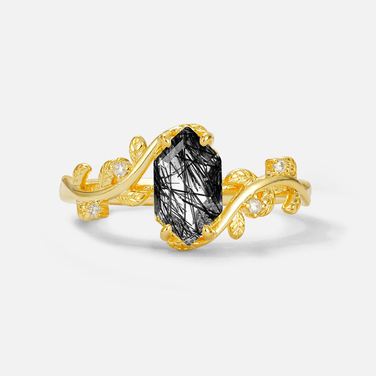Elongated Hexagon Black Rutilated Quartz Leaf Vine Nature-Inspired Engagement Ring - Additional view