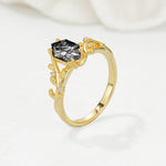 Elongated Hexagon Black Rutilated Quartz Leaf Vine Nature-Inspired Engagement Ring - Additional view