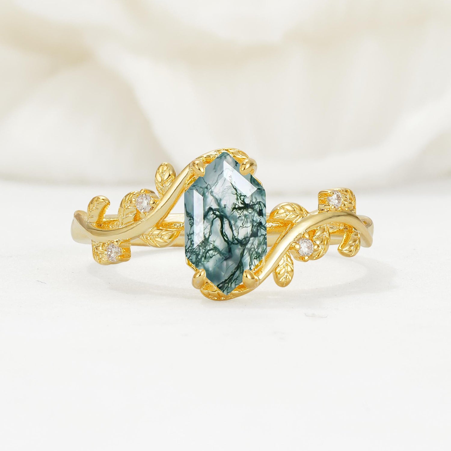 Nature-Inspired Hexagon Cut Moss Agate Engagement Ring with Vine Accents - Additional view