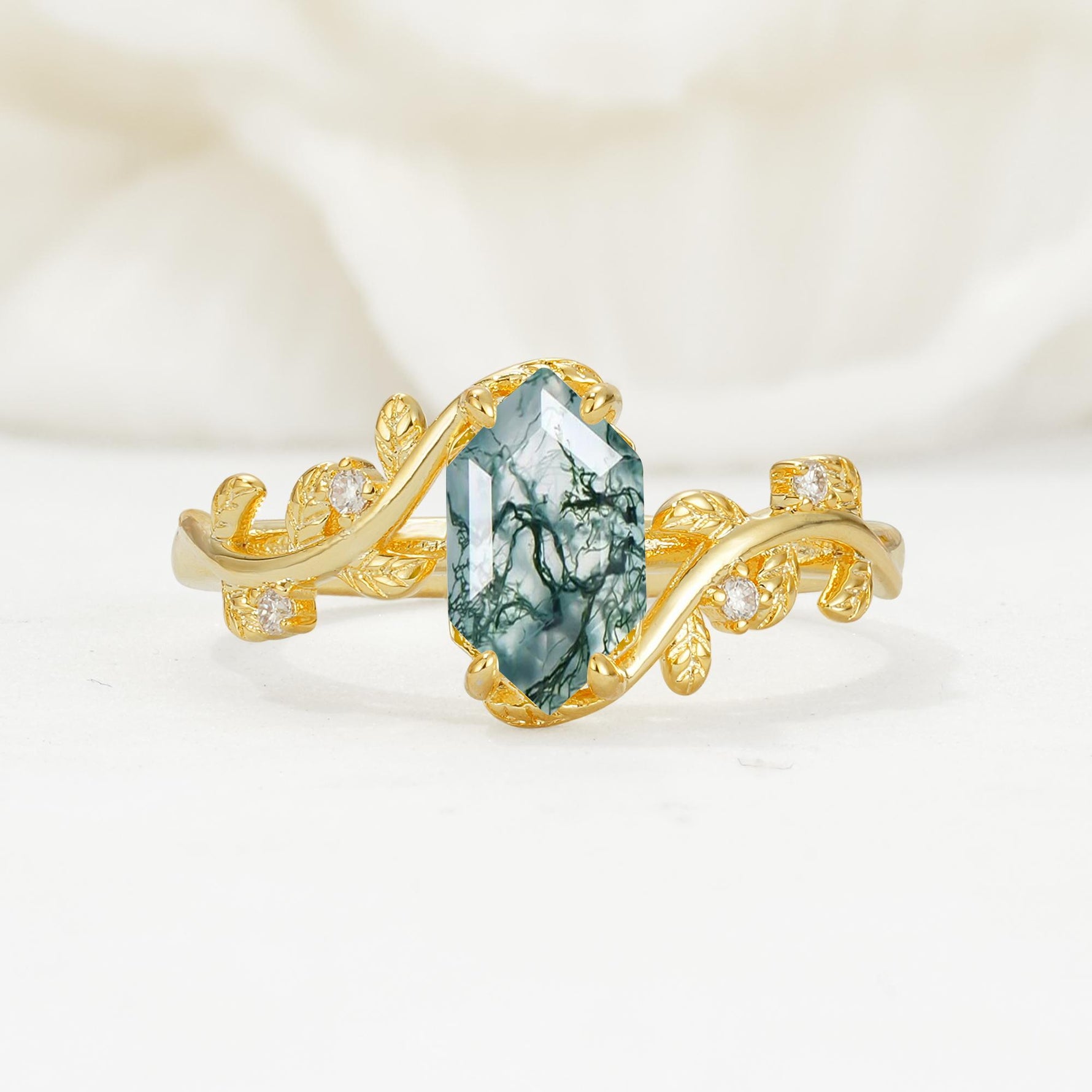 Nature-Inspired Hexagon Cut Moss Agate Engagement Ring with Vine Accents - Additional view