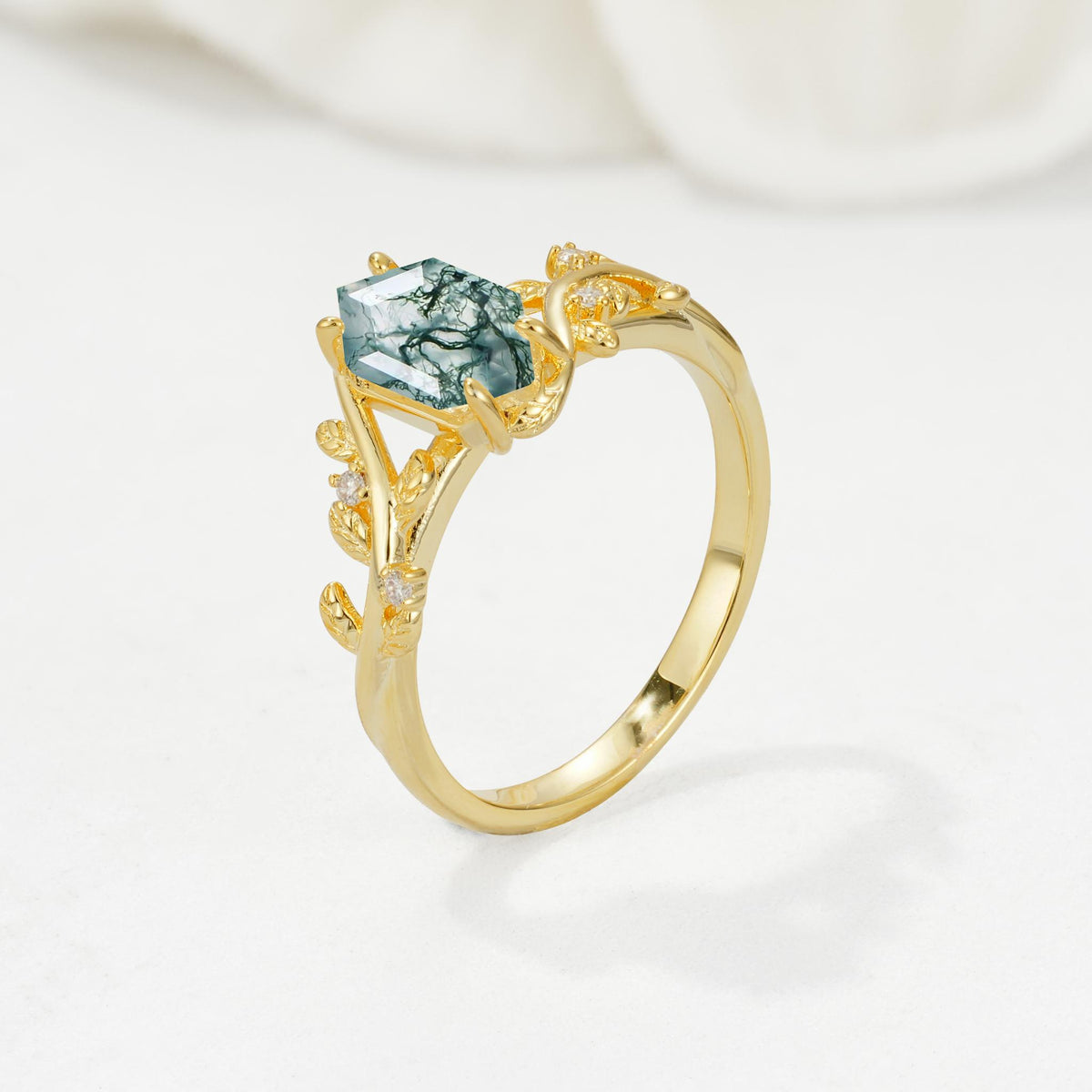 Nature-Inspired Hexagon Cut Moss Agate Engagement Ring with Vine Accents - Additional view
