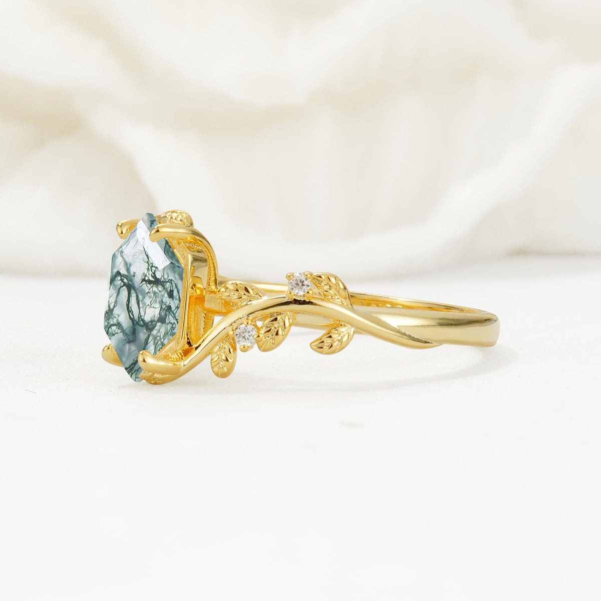 Nature-Inspired Hexagon Cut Moss Agate Engagement Ring with Vine Accents - Additional view