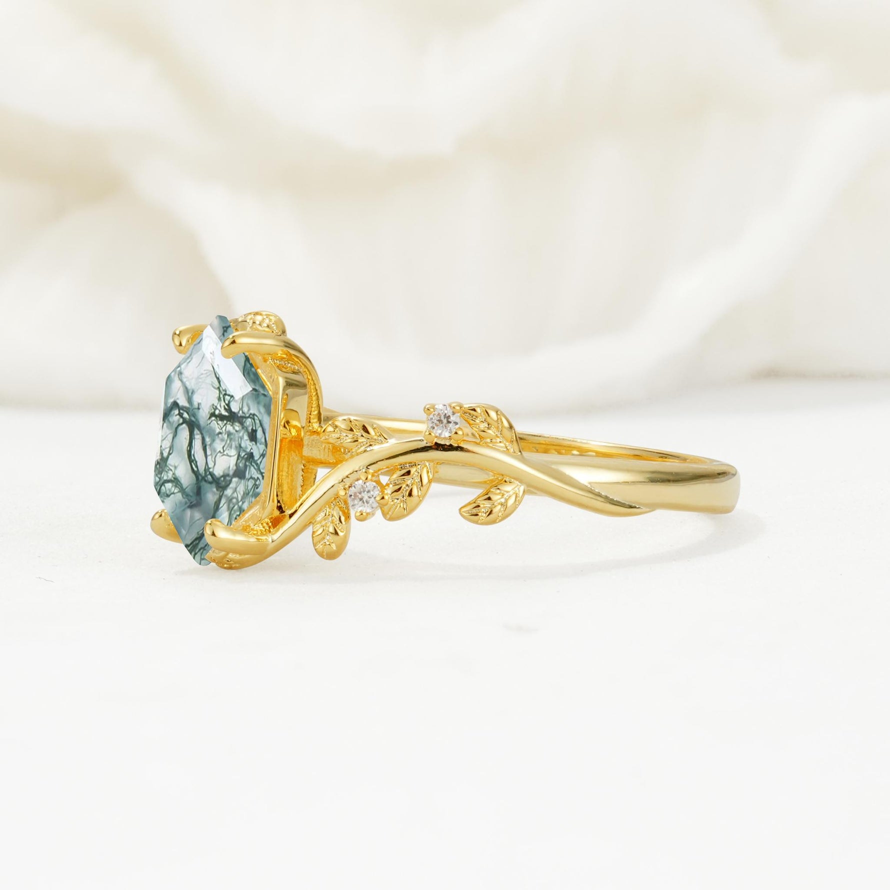Nature-Inspired Hexagon Cut Moss Agate Engagement Ring with Vine Accents - Additional view