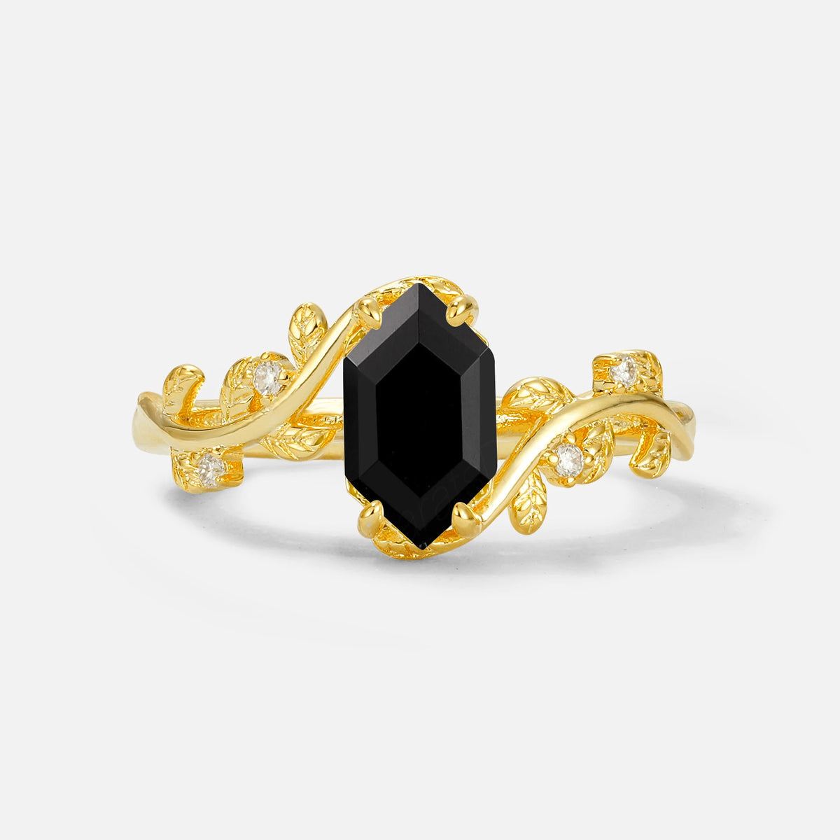 Elongated Hexagon Black Onyx Leaf Vine Nature-Inspired Engagement Ring - Additional view