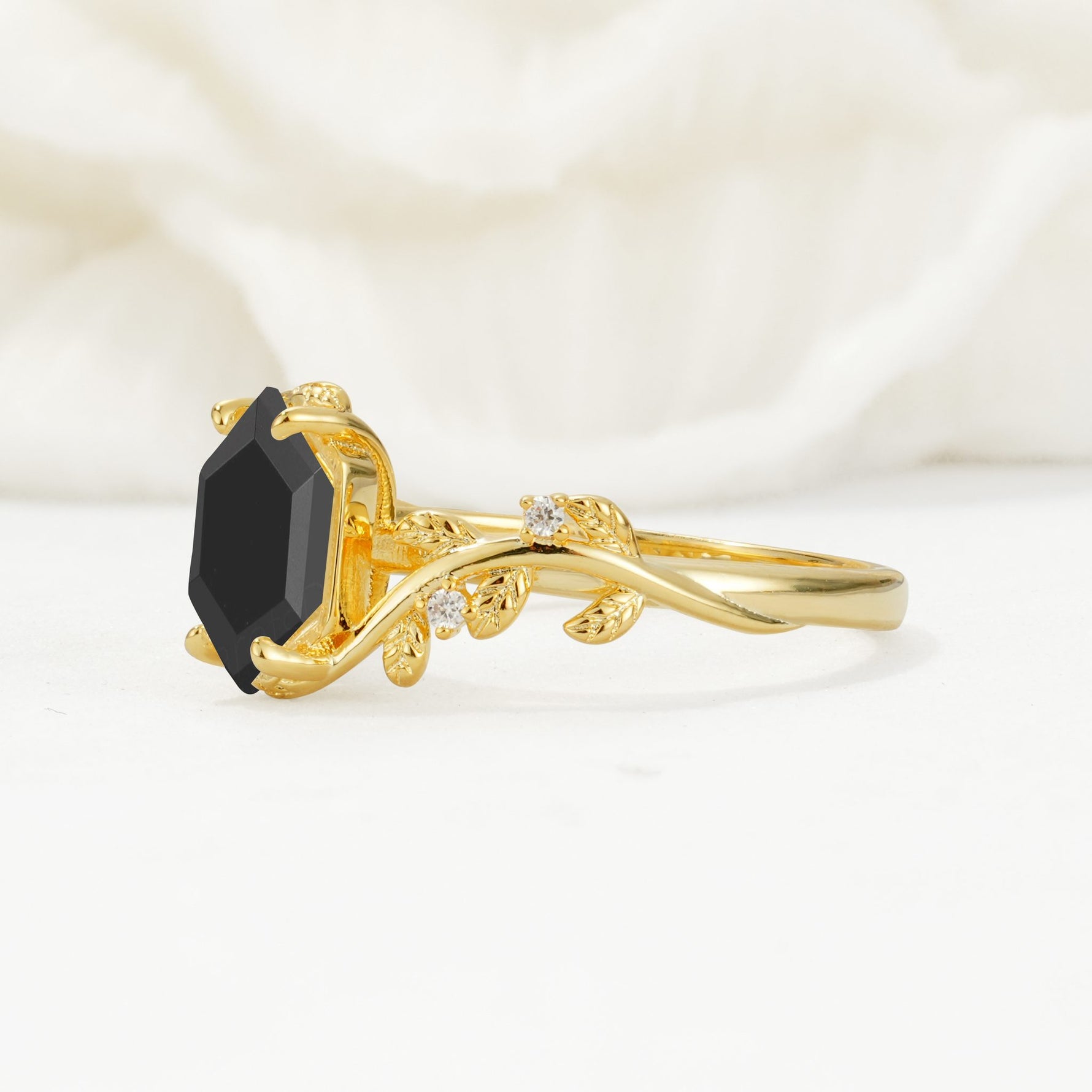 Elongated Hexagon Black Onyx Leaf Vine Nature-Inspired Engagement Ring - Additional view