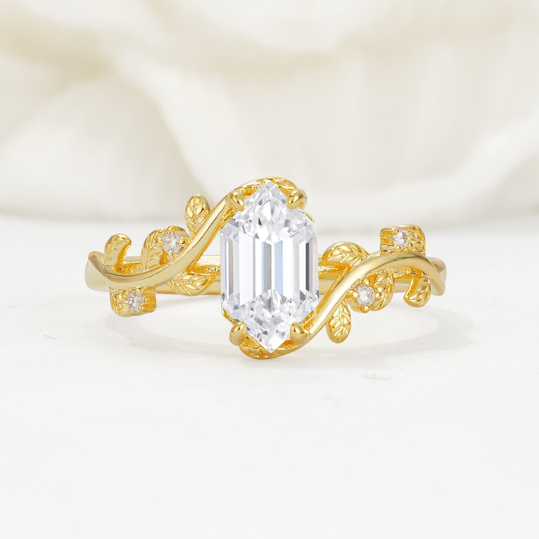 Elongated Hexagon Lab Diamond Leaf Vine Nature-Inspired Engagement Ring - Additional view