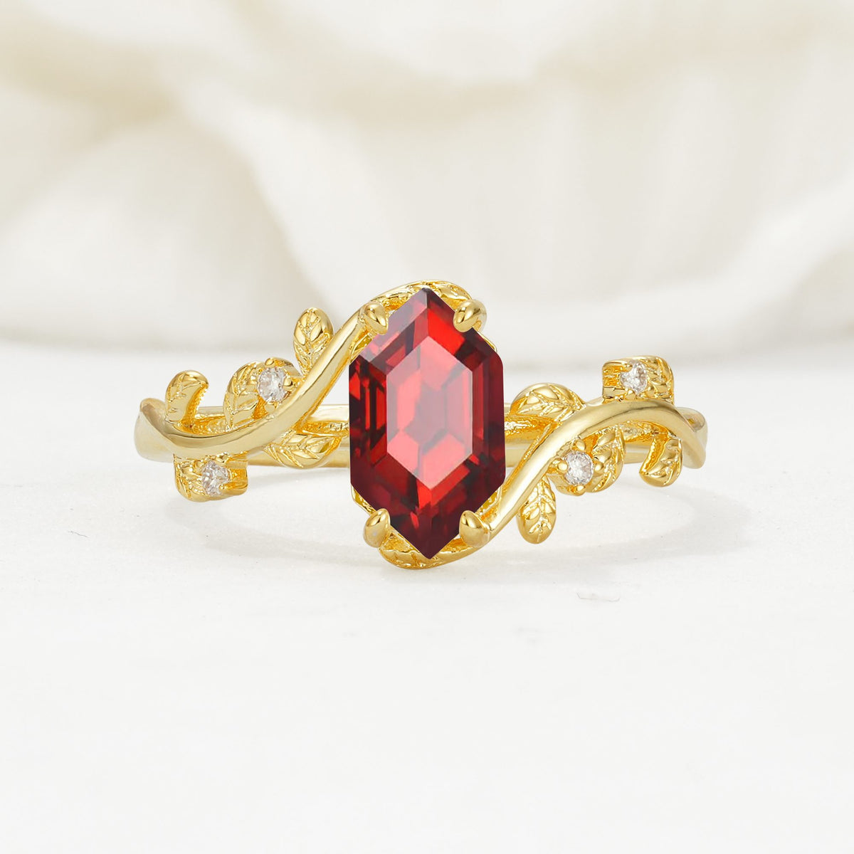 Elongated Hexagon Garnet Leaf Vine Nature-Inspired Engagement Ring - Additional view