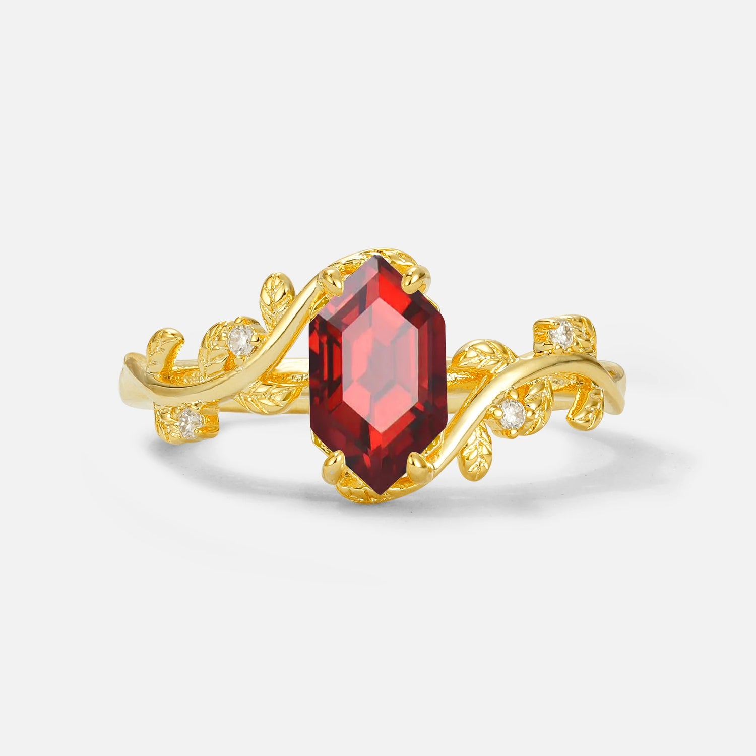 Elongated Hexagon Garnet Leaf Vine Nature-Inspired Engagement Ring - Additional view