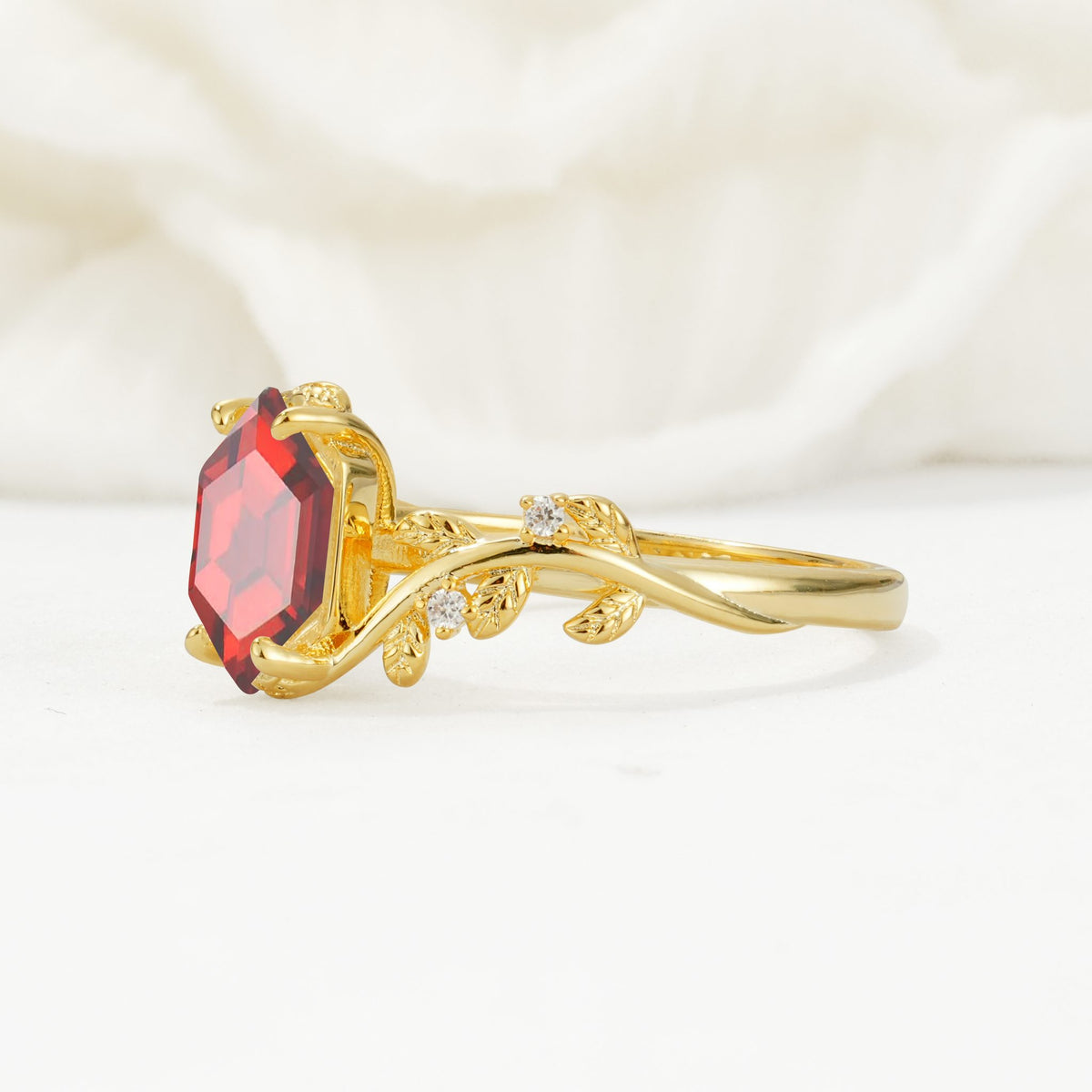 Elongated Hexagon Garnet Leaf Vine Nature-Inspired Engagement Ring - Additional view