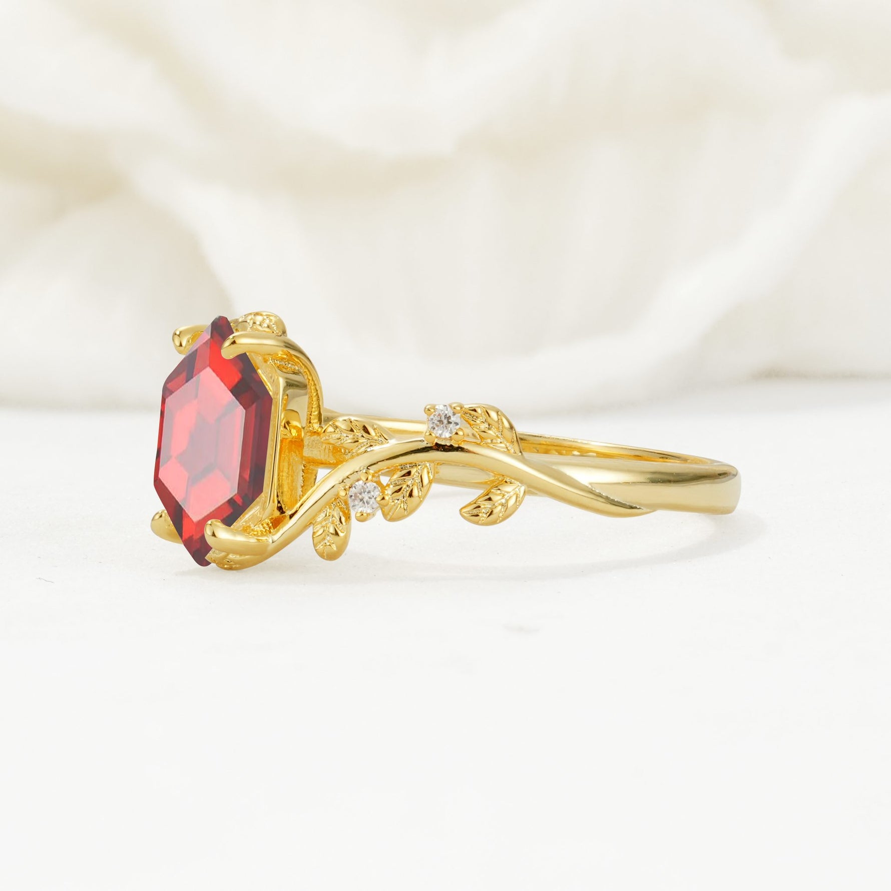 Elongated Hexagon Garnet Leaf Vine Nature-Inspired Engagement Ring - Additional view
