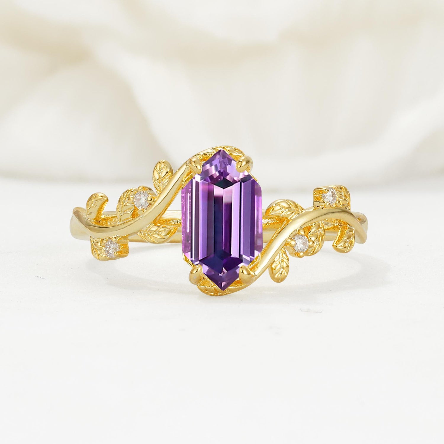 Nature-Inspired Hexagon Cut Amethyst Engagement Ring with Vine Accents - Additional view