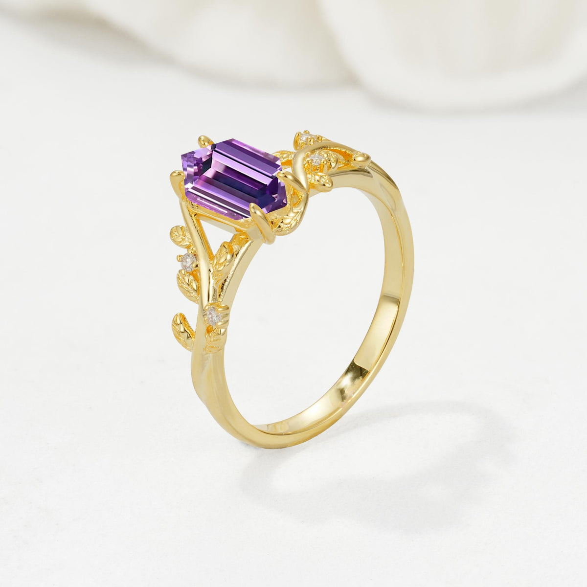 Nature-Inspired Hexagon Cut Amethyst Engagement Ring with Vine Accents - Additional view