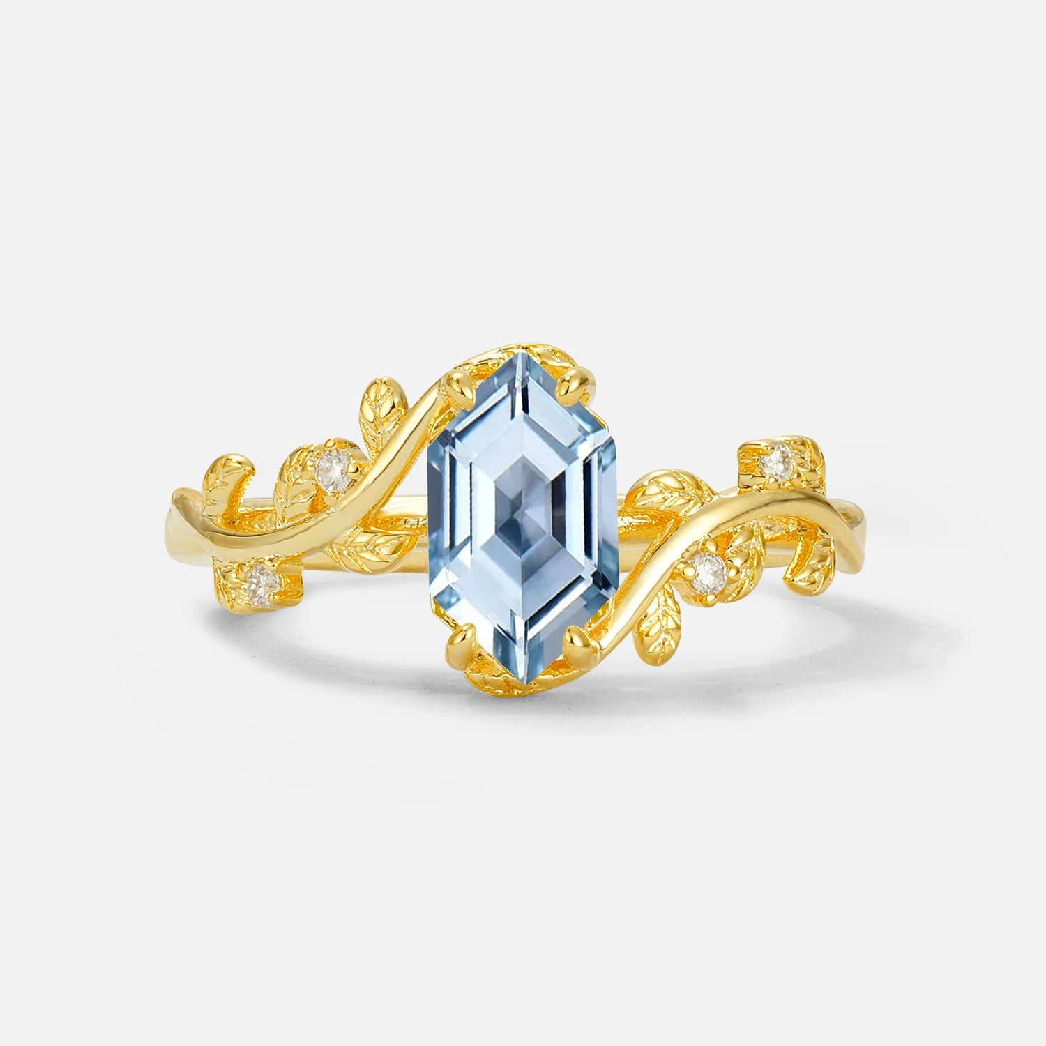 Elongated Hexagon Aquamarine Leaf Vine Nature-Inspired Engagement Ring - Additional view