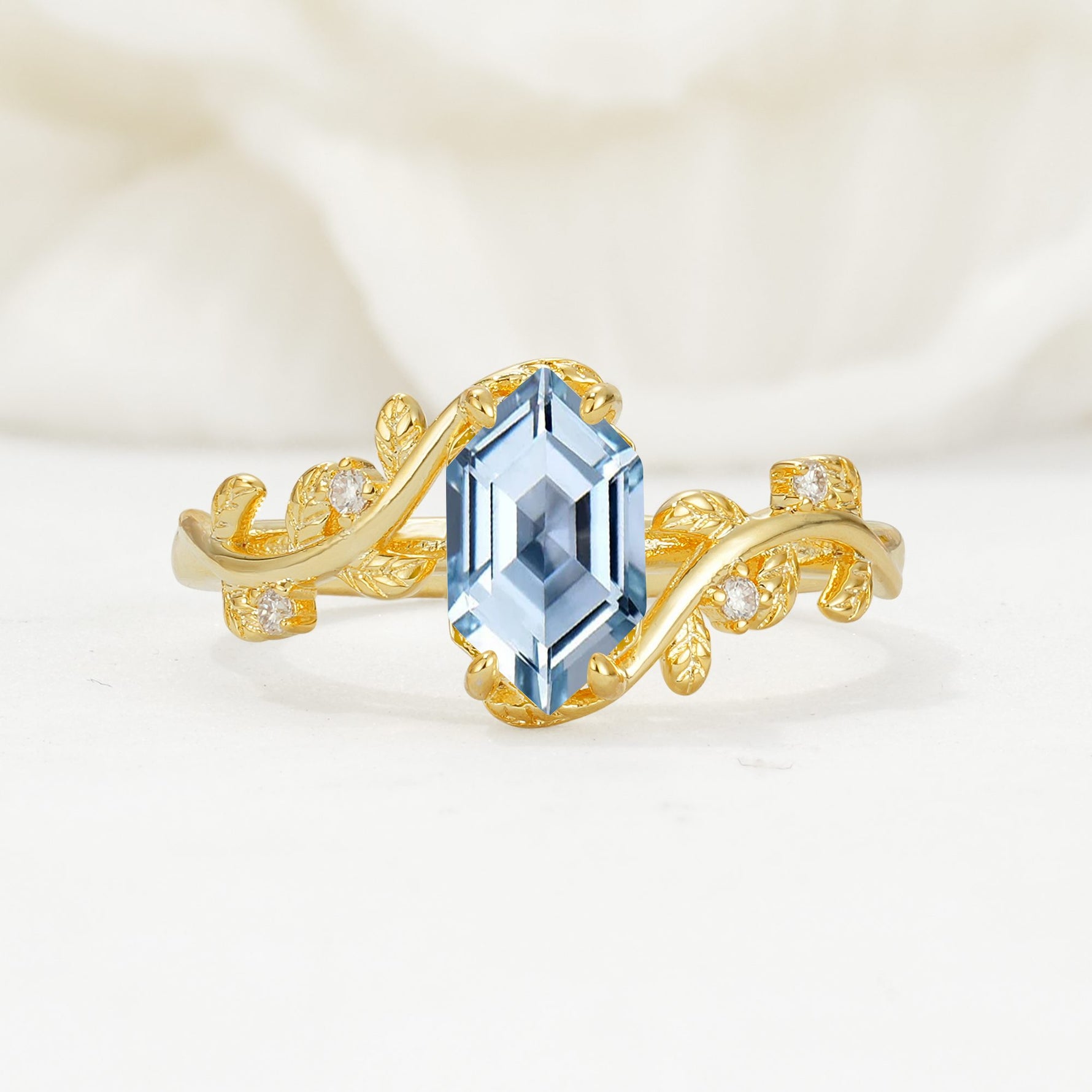 Elongated Hexagon Aquamarine Leaf Vine Nature-Inspired Engagement Ring - Additional view
