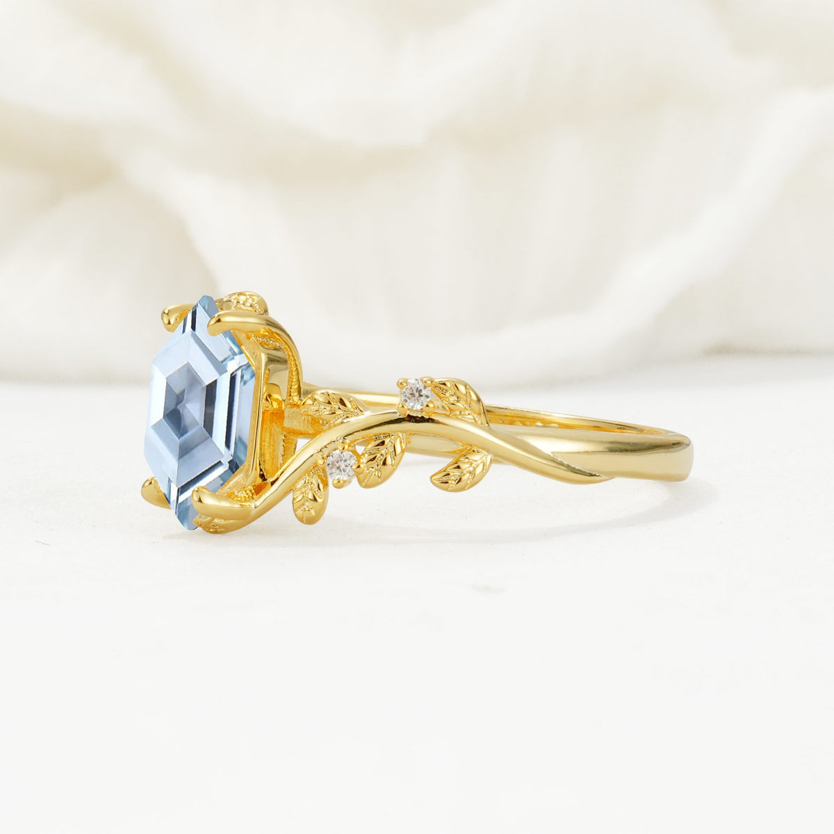 Elongated Hexagon Aquamarine Leaf Vine Nature-Inspired Engagement Ring - Additional view