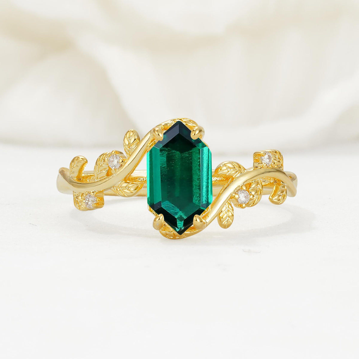 Nature-Inspired Hexagon Cut Emerald Engagement Ring with Vine Accents - Additional view