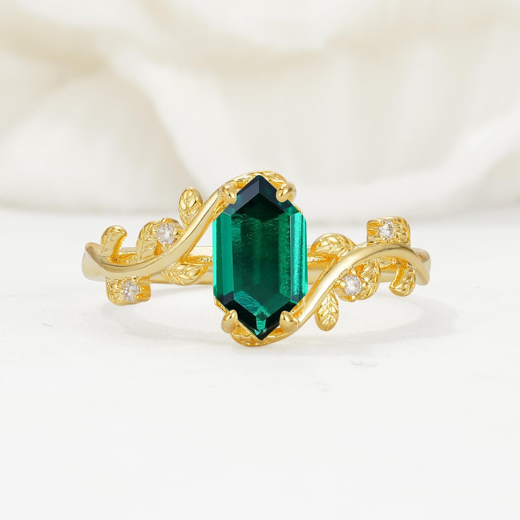 Nature-Inspired Hexagon Cut Emerald Engagement Ring with Vine Accents - Additional view