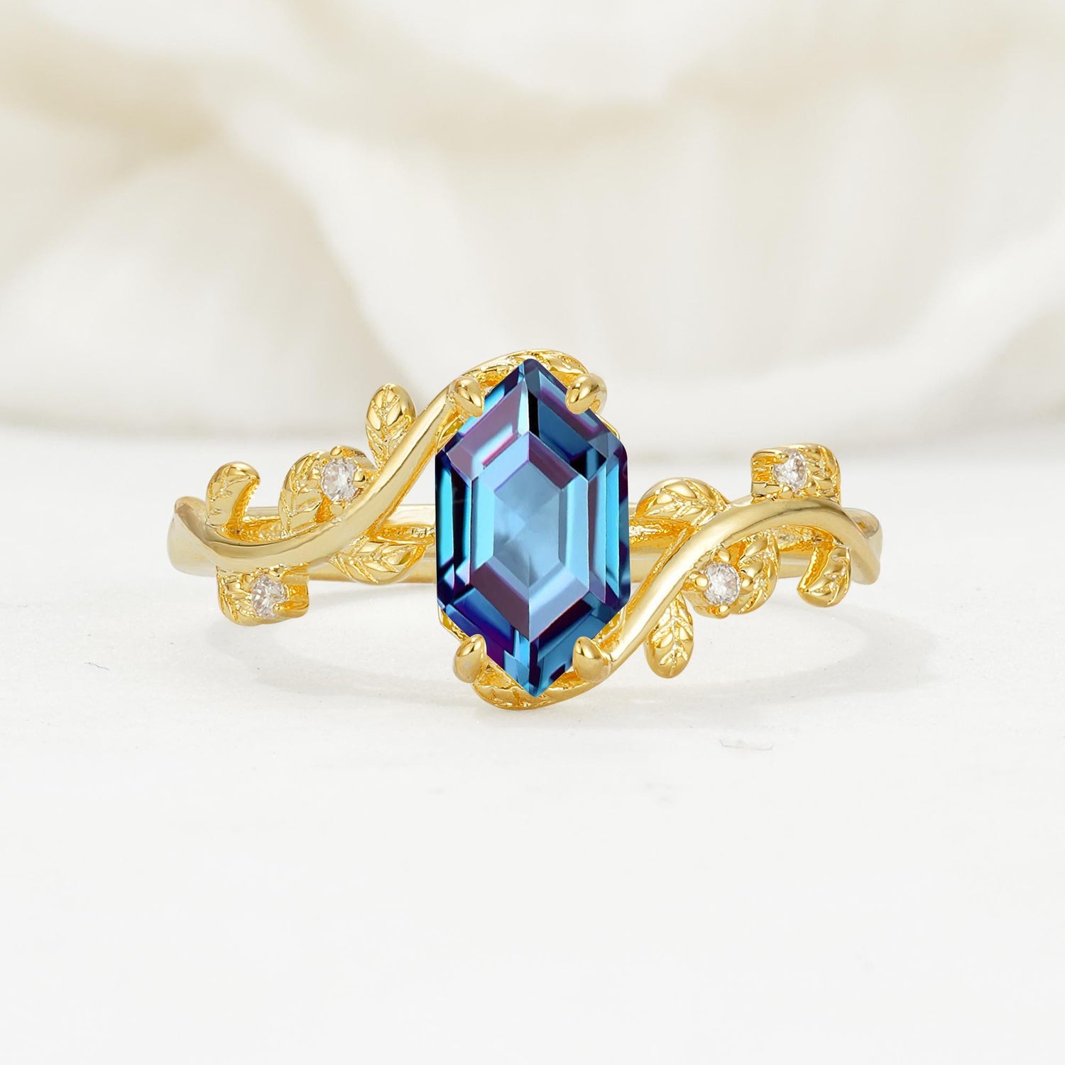 Nature-Inspired Hexagon Cut Alexandrite Engagement Ring with Vine Accents - Additional view