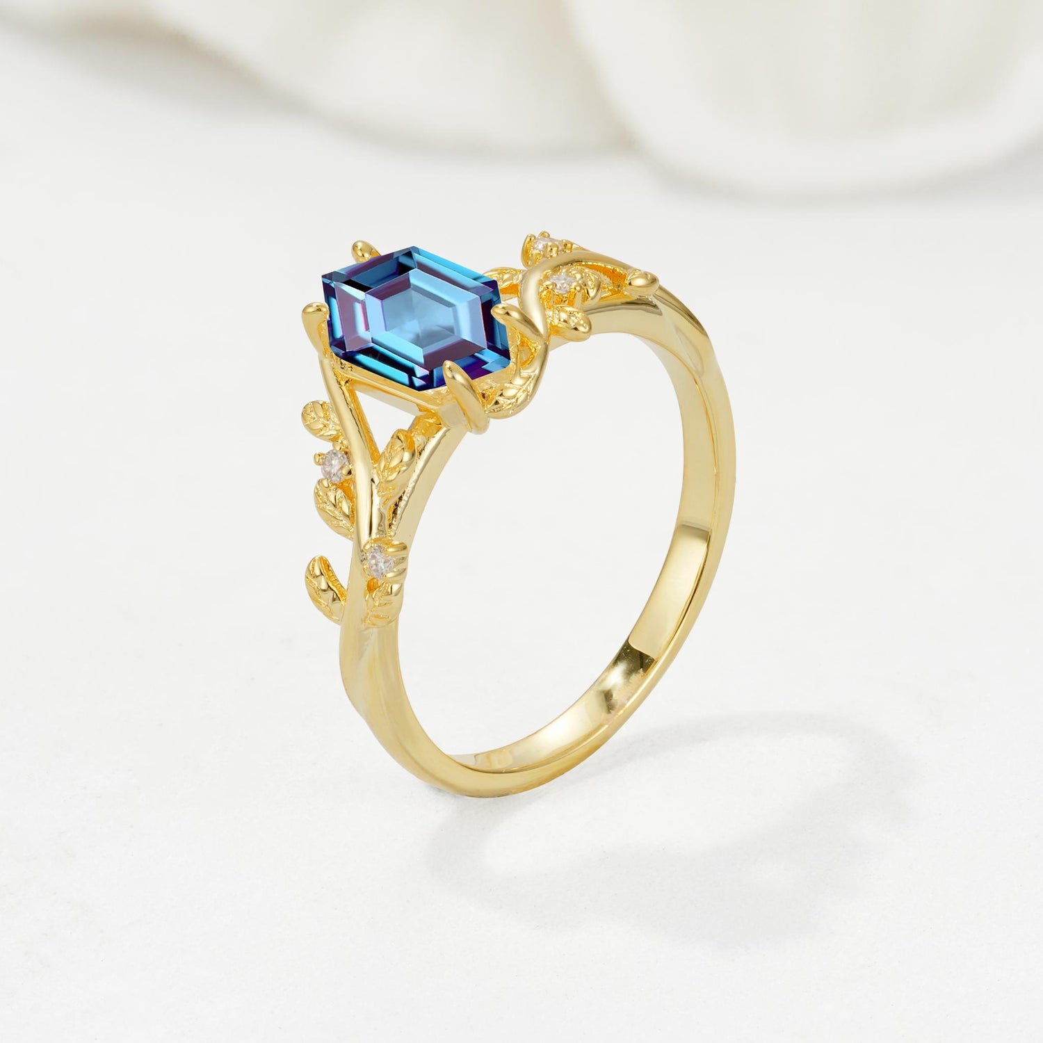 Nature-Inspired Hexagon Cut Alexandrite Engagement Ring with Vine Accents - Additional view