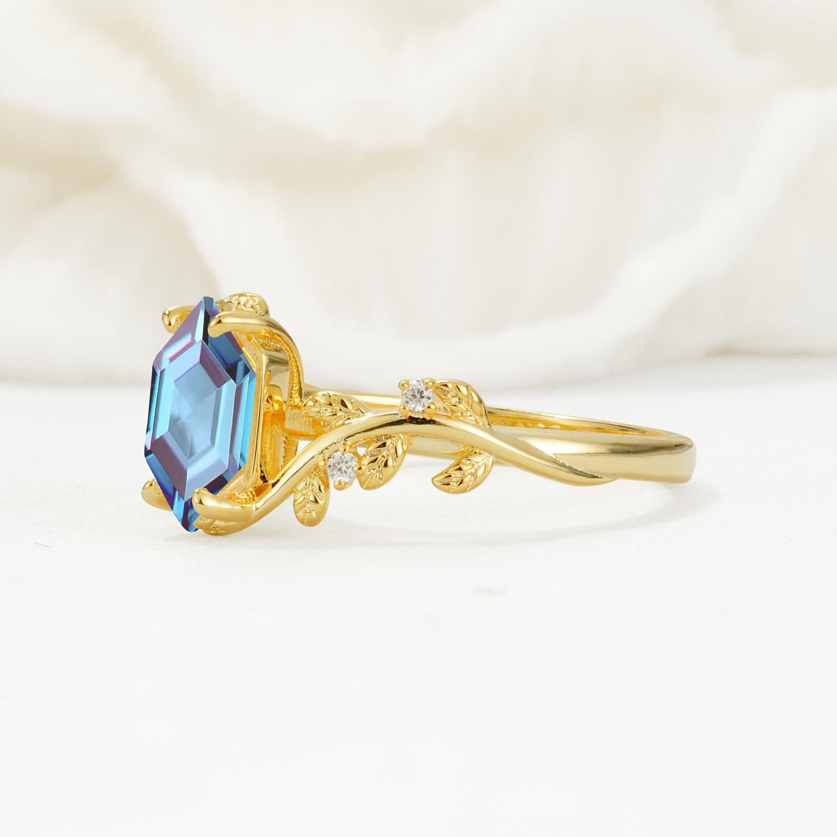Nature-Inspired Hexagon Cut Alexandrite Engagement Ring with Vine Accents - Additional view