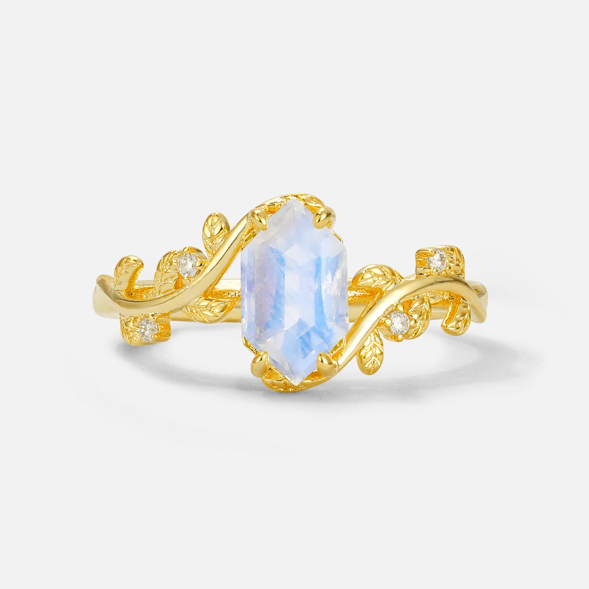 Elongated Hexagon Moonstone Leaf Vine Nature-Inspired Engagement Ring - Additional view