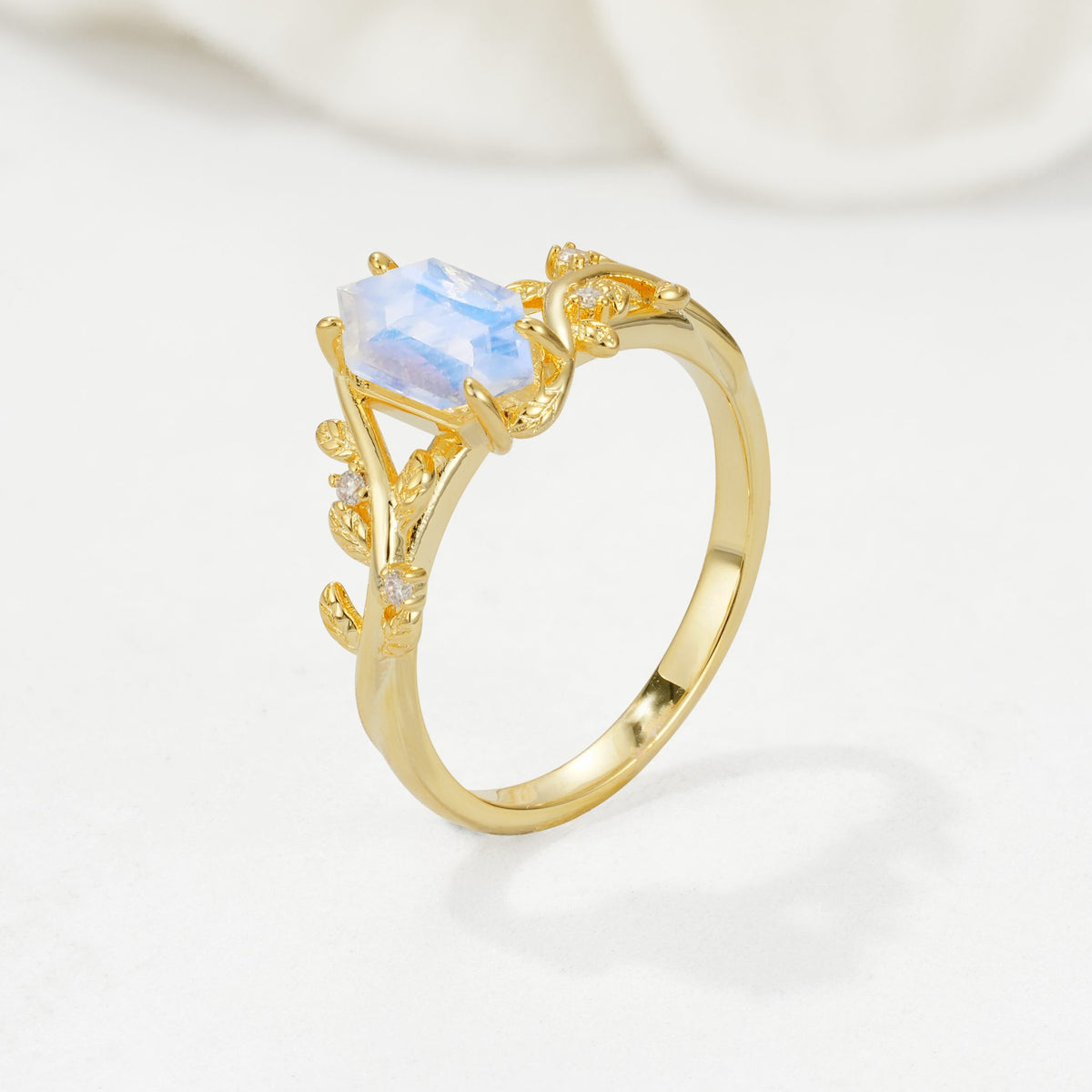 Elongated Hexagon Moonstone Leaf Vine Nature-Inspired Engagement Ring - Additional view