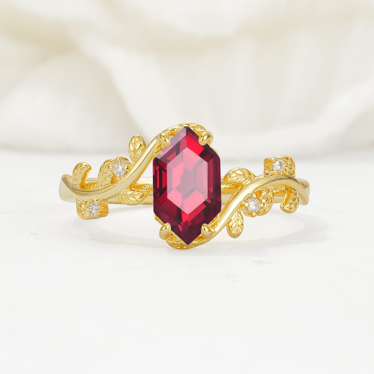 Elongated Hexagon Ruby Leaf Vine Nature-Inspired Engagement Ring - Additional view